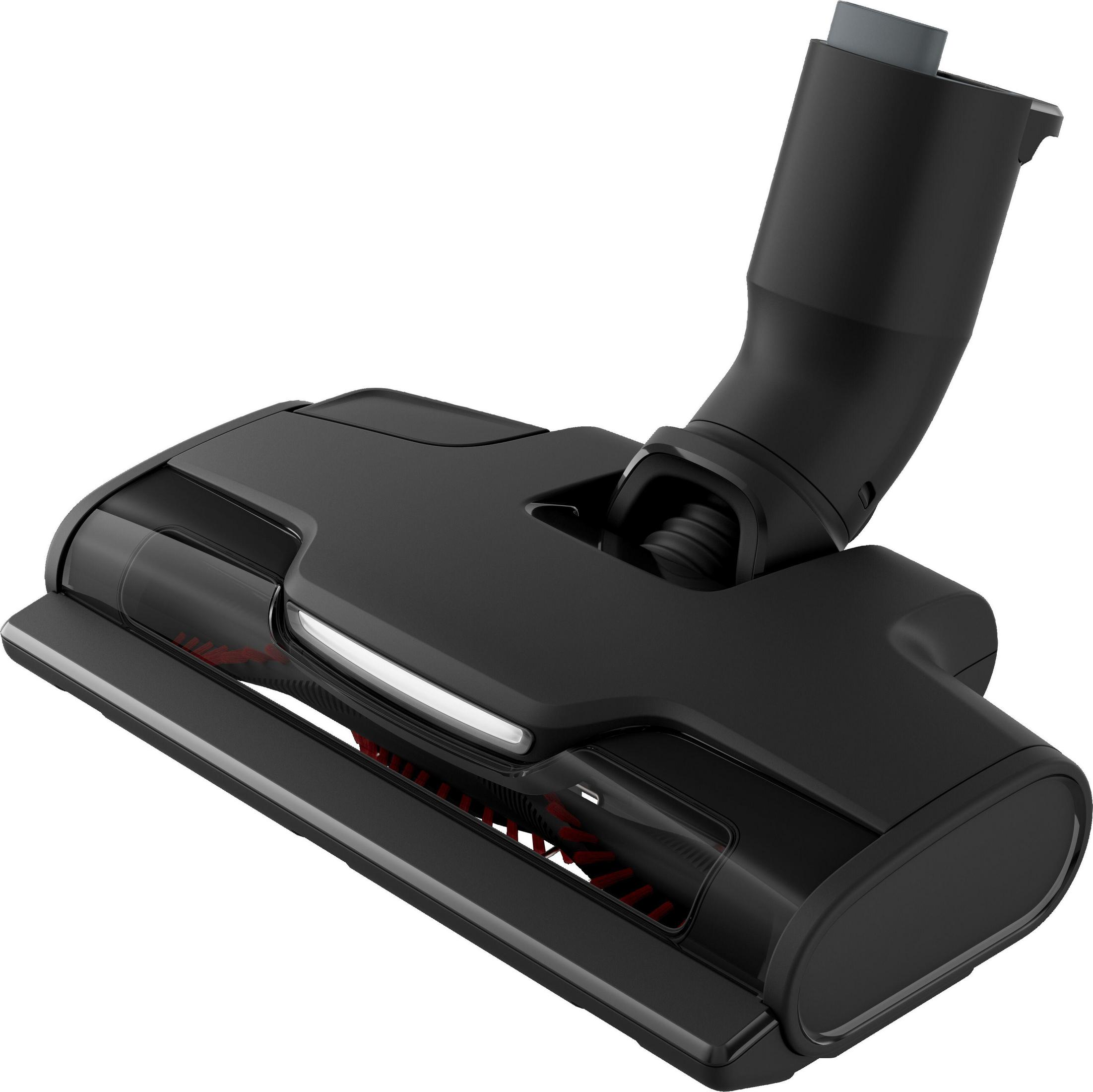 Ein schwarzer Staubsaugerkopf auf weißem Hintergrund. Der Kopf hat ein gebogenes Design mit einer roten Bürste.