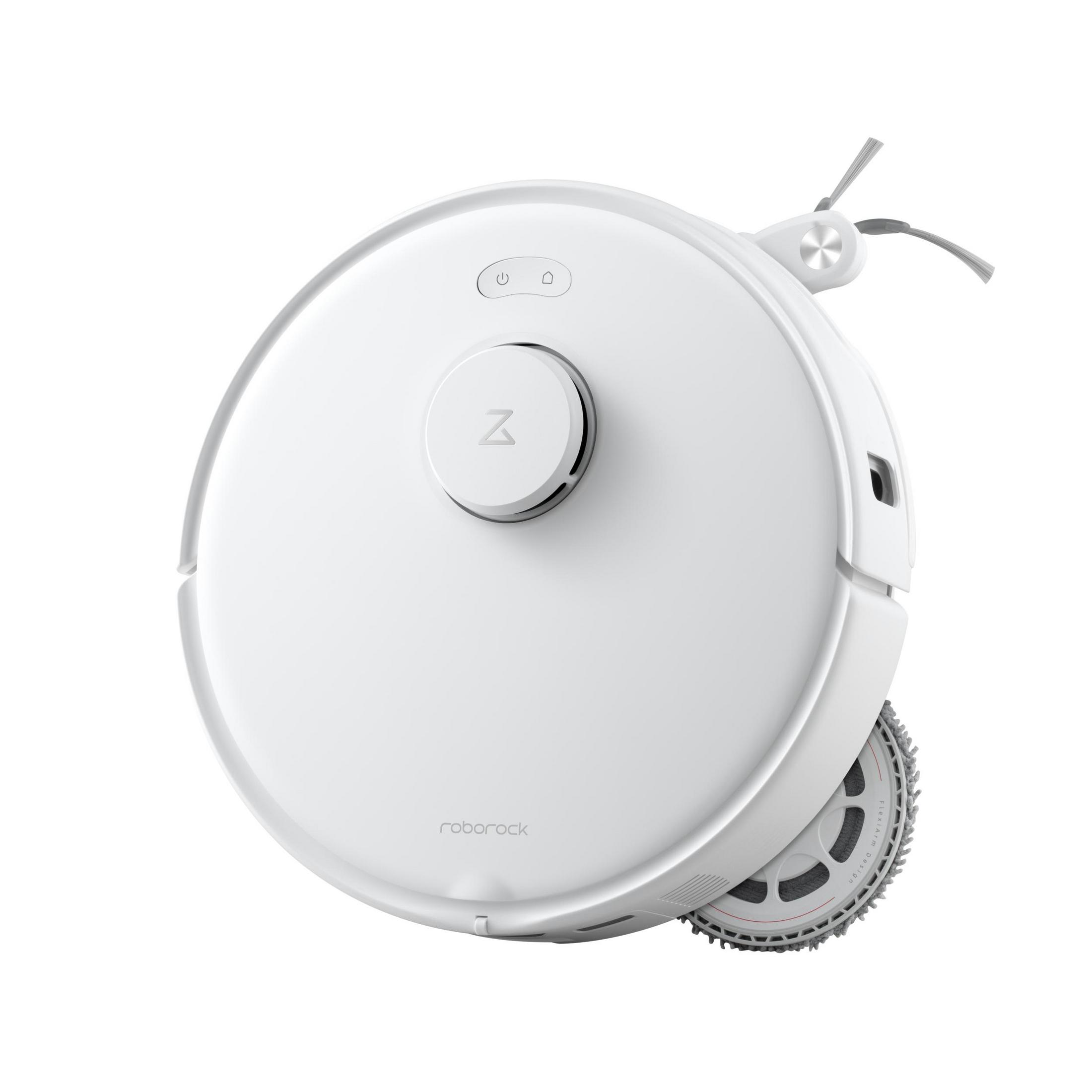 White Roborock robot vacuum cleaner. Features include cleaning brushes, charging points, and control buttons on the top.