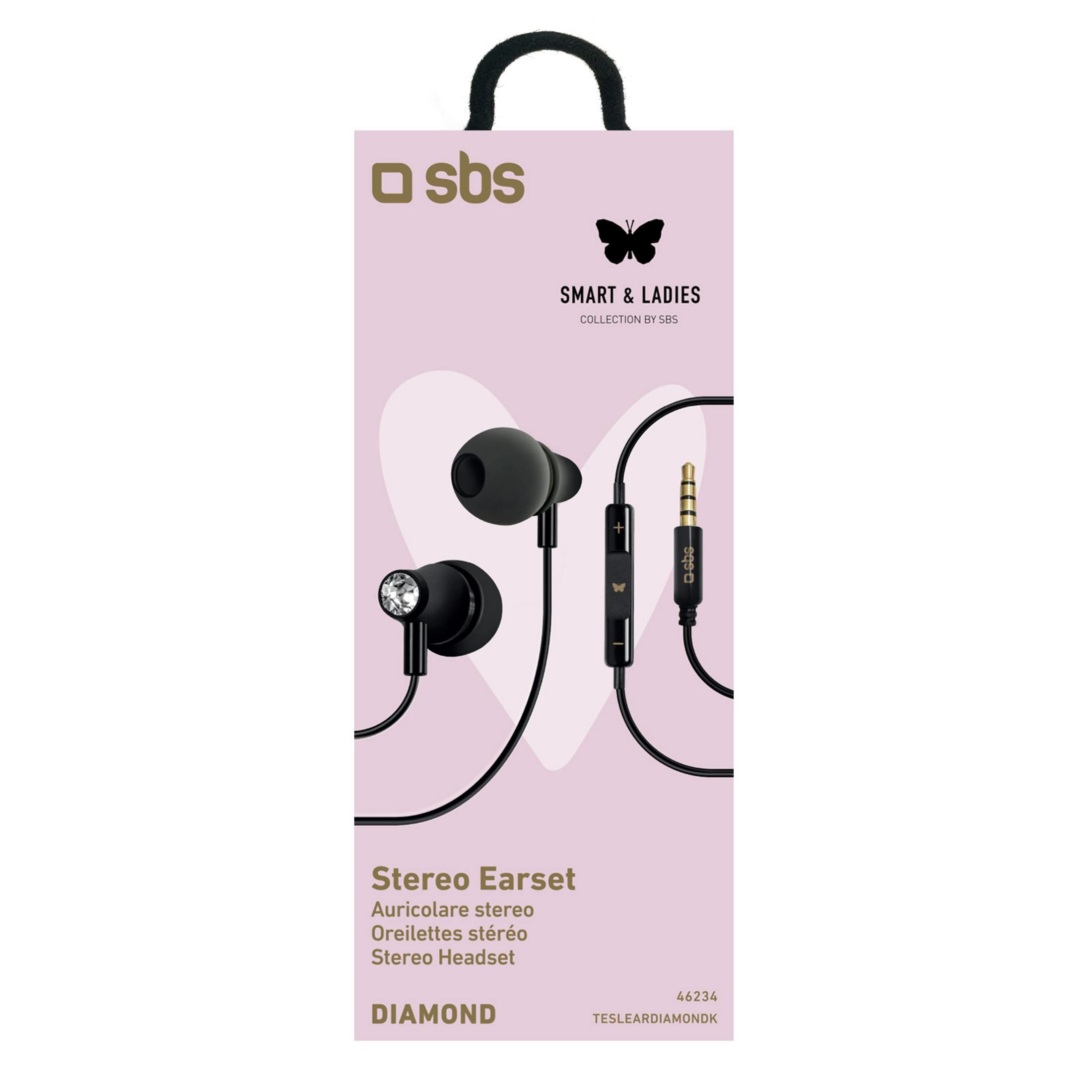 Auriculares en un paquete. Auriculares negros con un diamante. Fondo rosa con texto: Stereo Earset, Diamond y el logo de sbs.