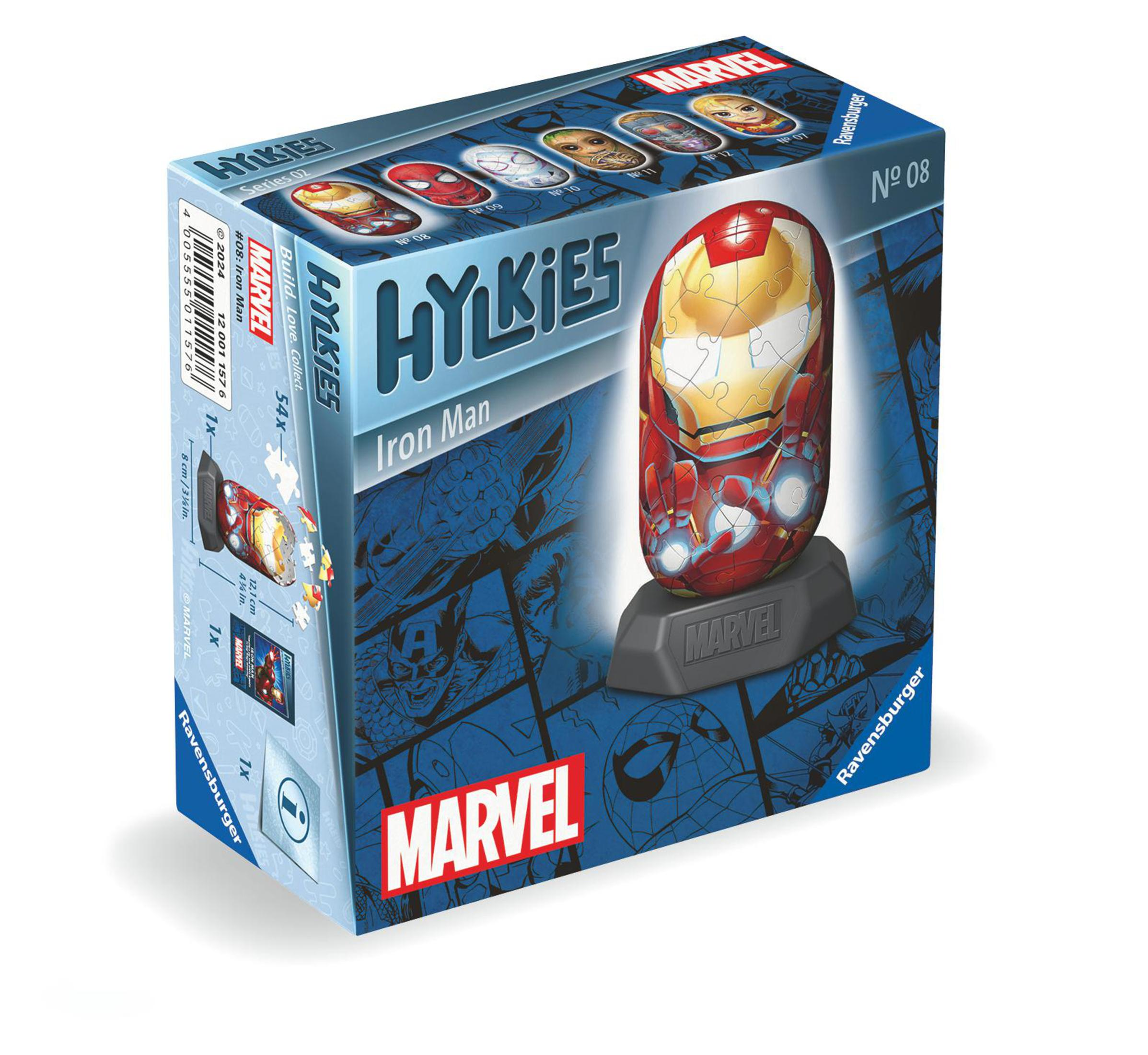 Schachtel mit Iron Man-Puzzle. Die Schachtel zeigt das Puzzle, mit Marvel-Logo und Ravensburger-Logo.