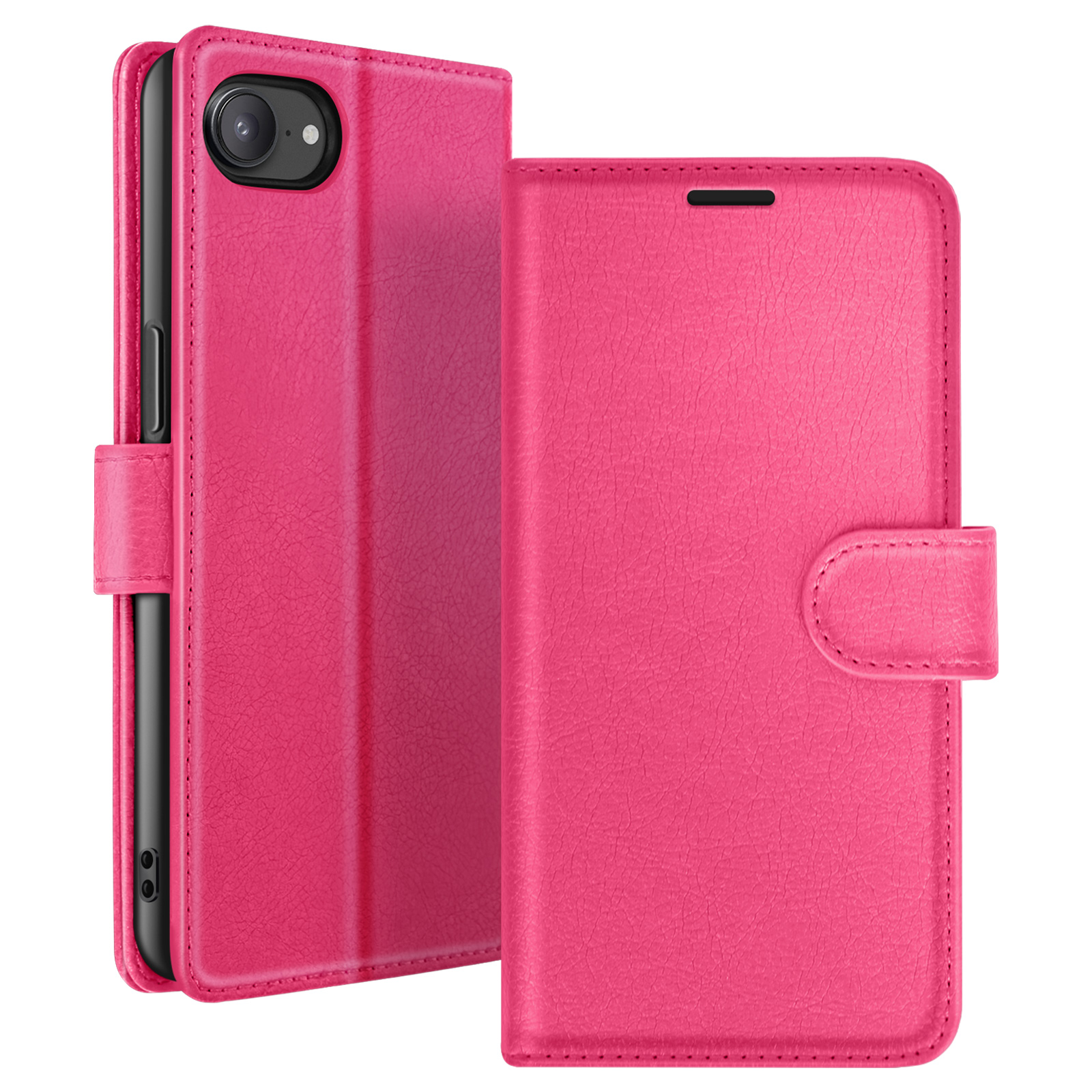 Een roze leren telefoonhoesje is open, met een telefoon erin. Het heeft een magnetische sluiting en een uitsparing voor de camera.