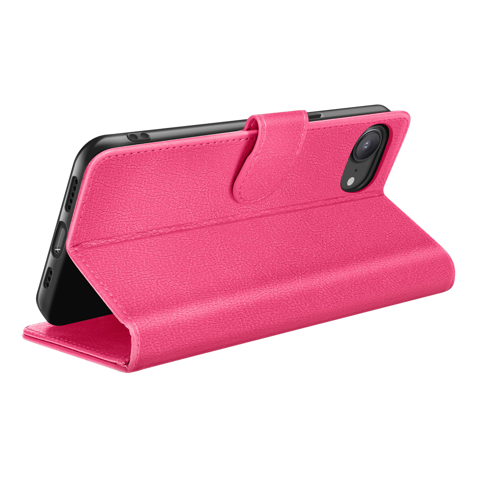 Een roze telefoonhoesje is open, met een zwarte smartphone. De hoes heeft een textuuroppervlak en een sluiting.