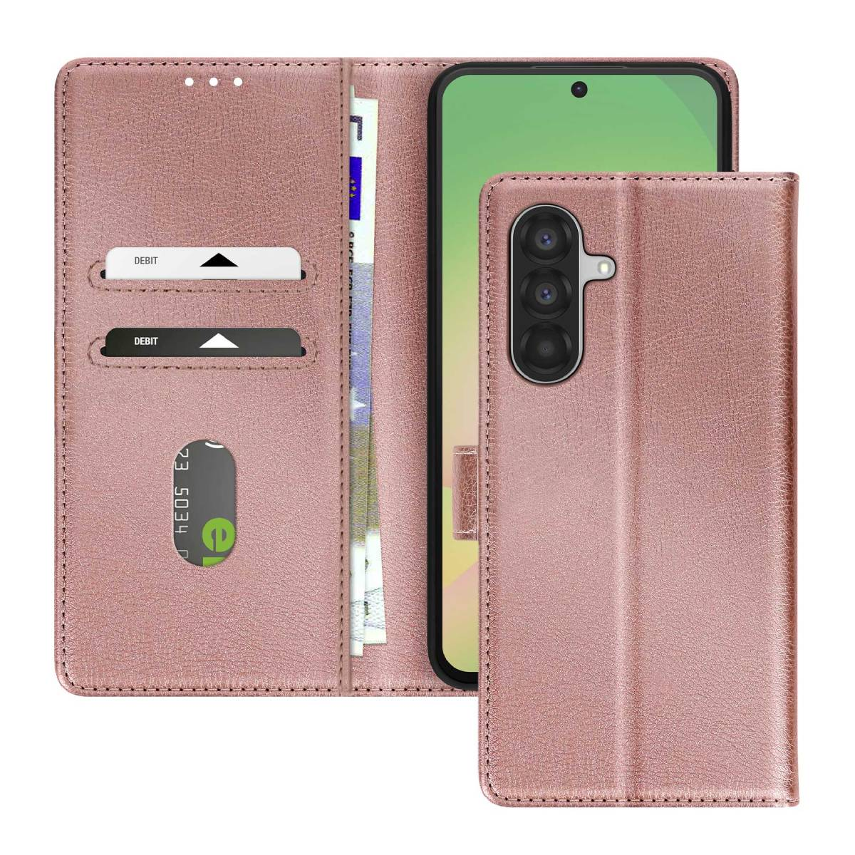 Eine rosa Handyhülle mit einem Telefon im Inneren. Es hat Kartenfächer und Platz für Bargeld. Die Hülle ist offen und zeigt das Telefon.