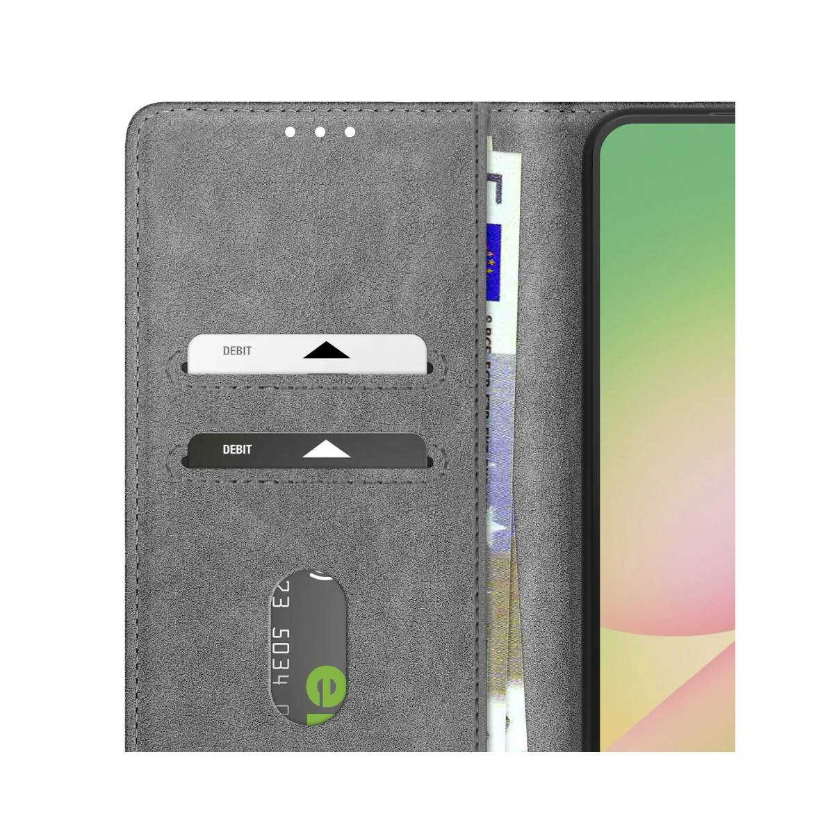 Portafoglio grigio con due carte di debito, un telefono e un po' di denaro visibile. Carte e telefono sono all'interno.