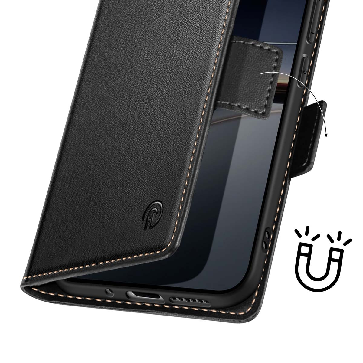 Custodia per telefono in pelle nera aperta, che mostra lo schermo del telefono. La custodia ha cuciture e una chiusura magnetica. Un'icona a calamita è vicina.