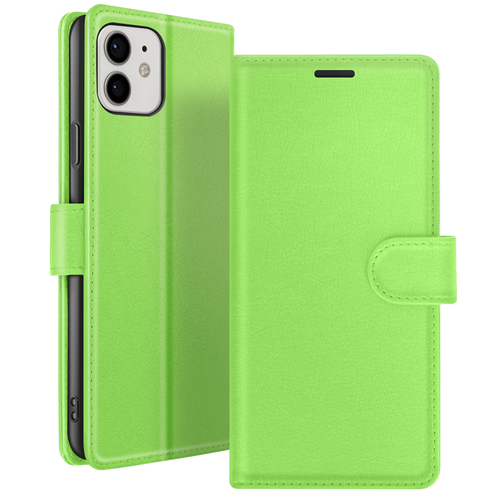 Étui de téléphone en cuir vert, ouvert pour montrer le téléphone avec l'appareil photo. L'étui a une fermeture magnétique et une bordure cousue.