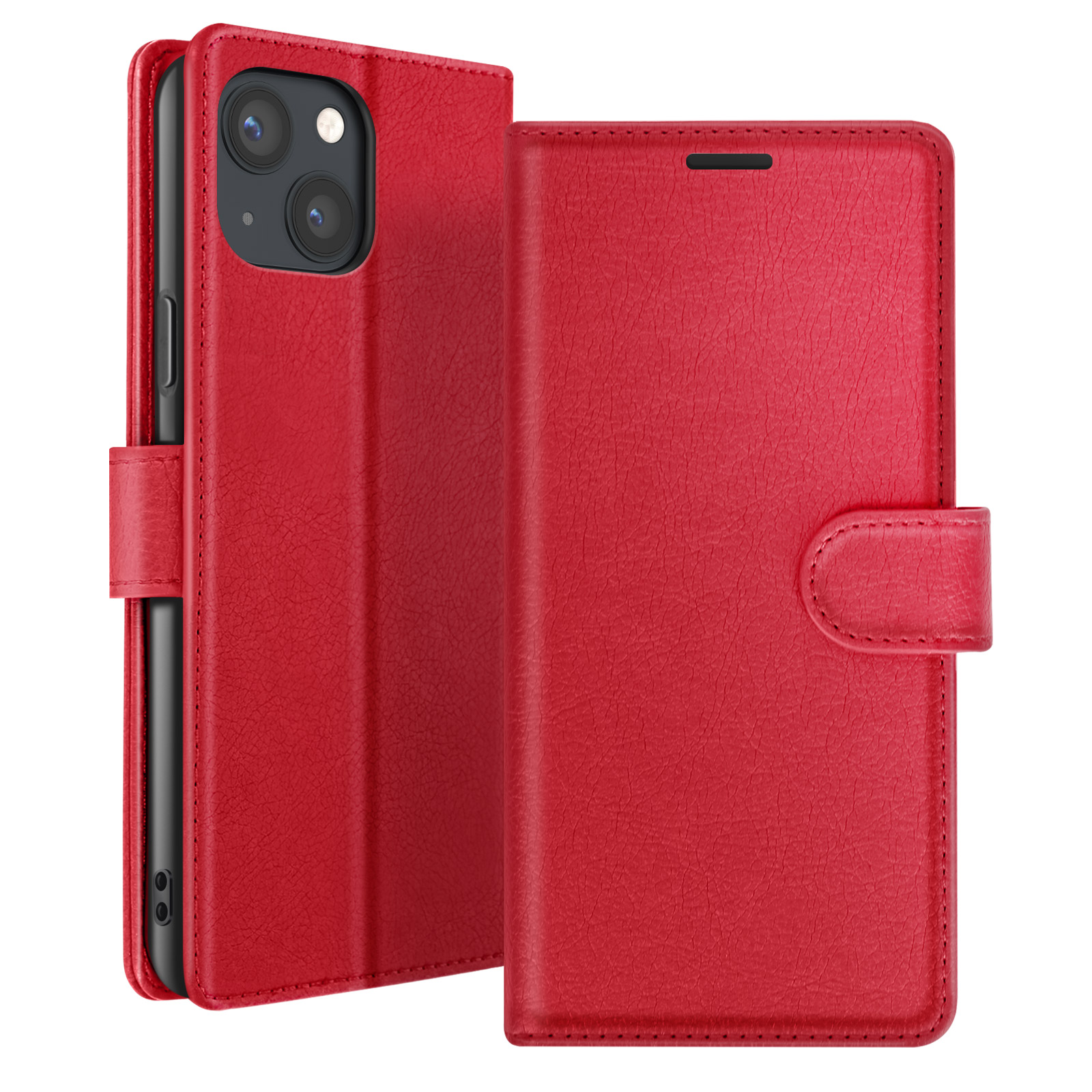 Étui de téléphone en cuir rouge avec rabat et fermeture à bouton. Le téléphone est visible à l'intérieur. L'étui a une surface texturée.