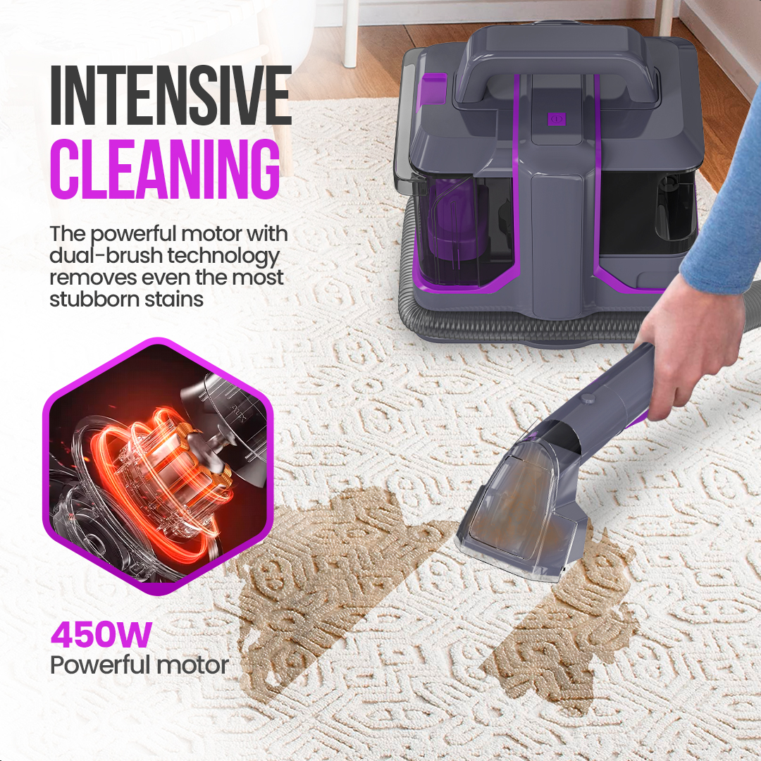 A carpet cleaner is used on a patterned rug. The cleaner is dark gray with purple accents and a clear nozzle. A diagram shows the motor.