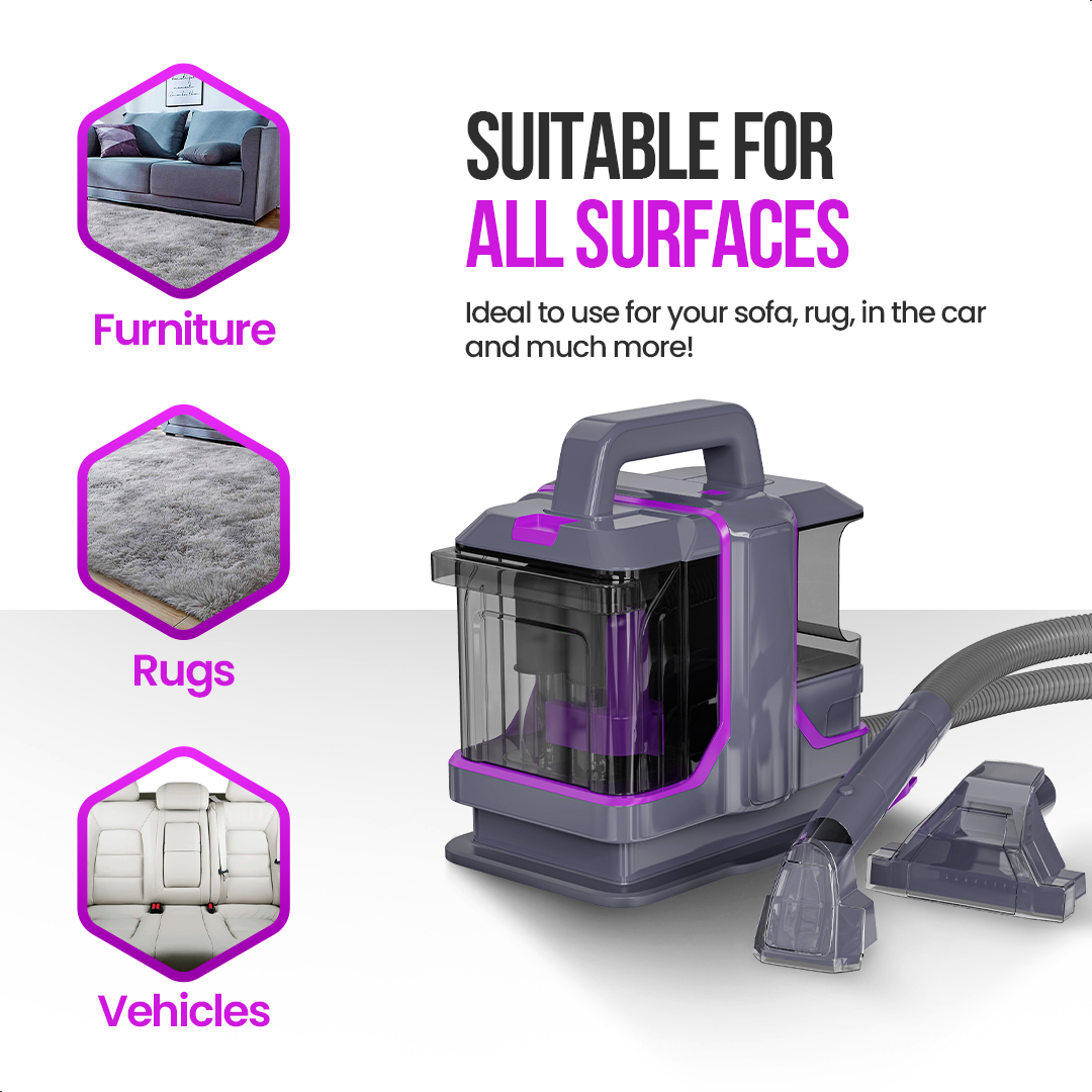 A gray and purple vacuum cleaner with attachments is displayed. Text indicates it is suitable for furniture, rugs, and vehicles.