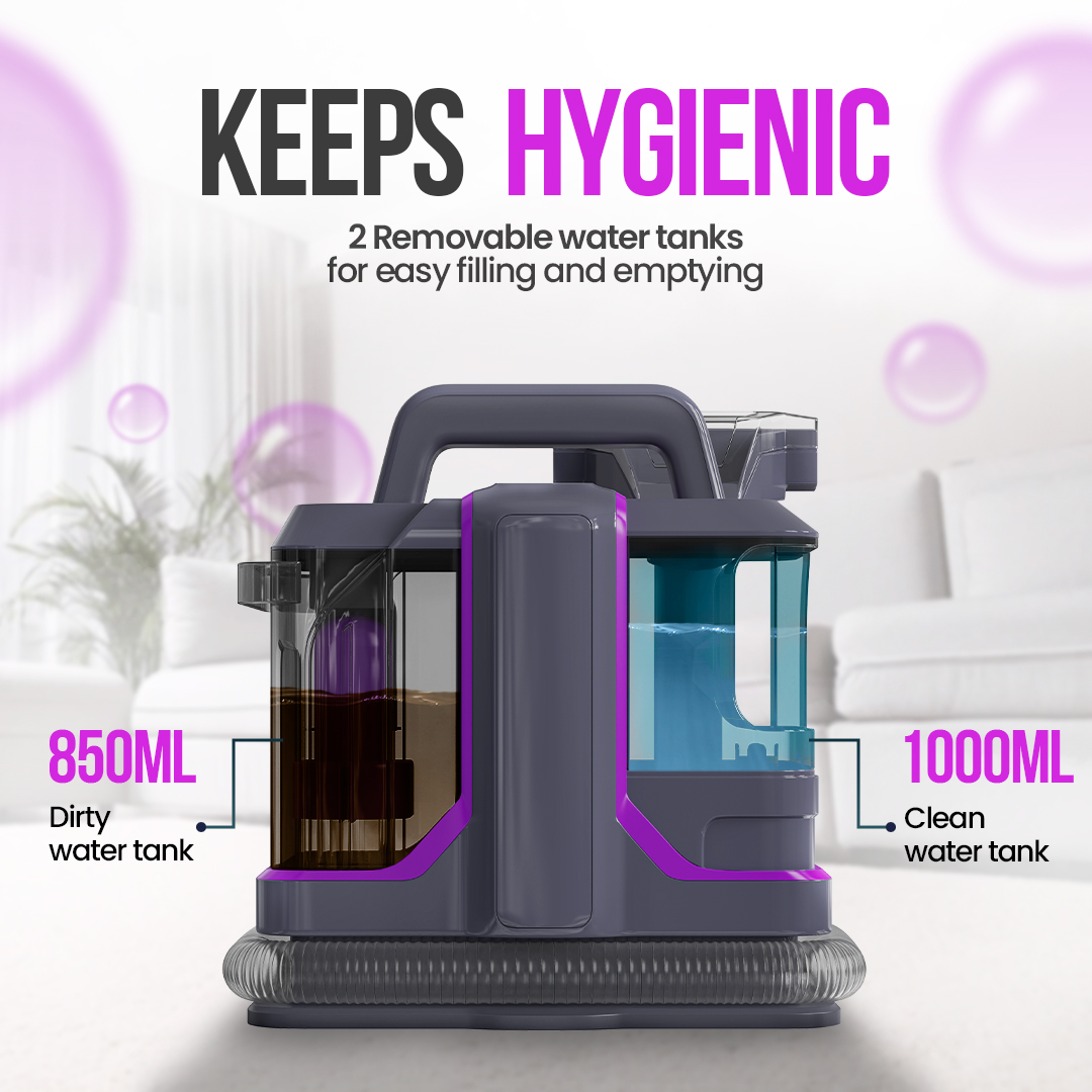 A gray and purple cleaning machine with two water tanks labeled 850ml and 1000ml. Text says it keeps hygienic.