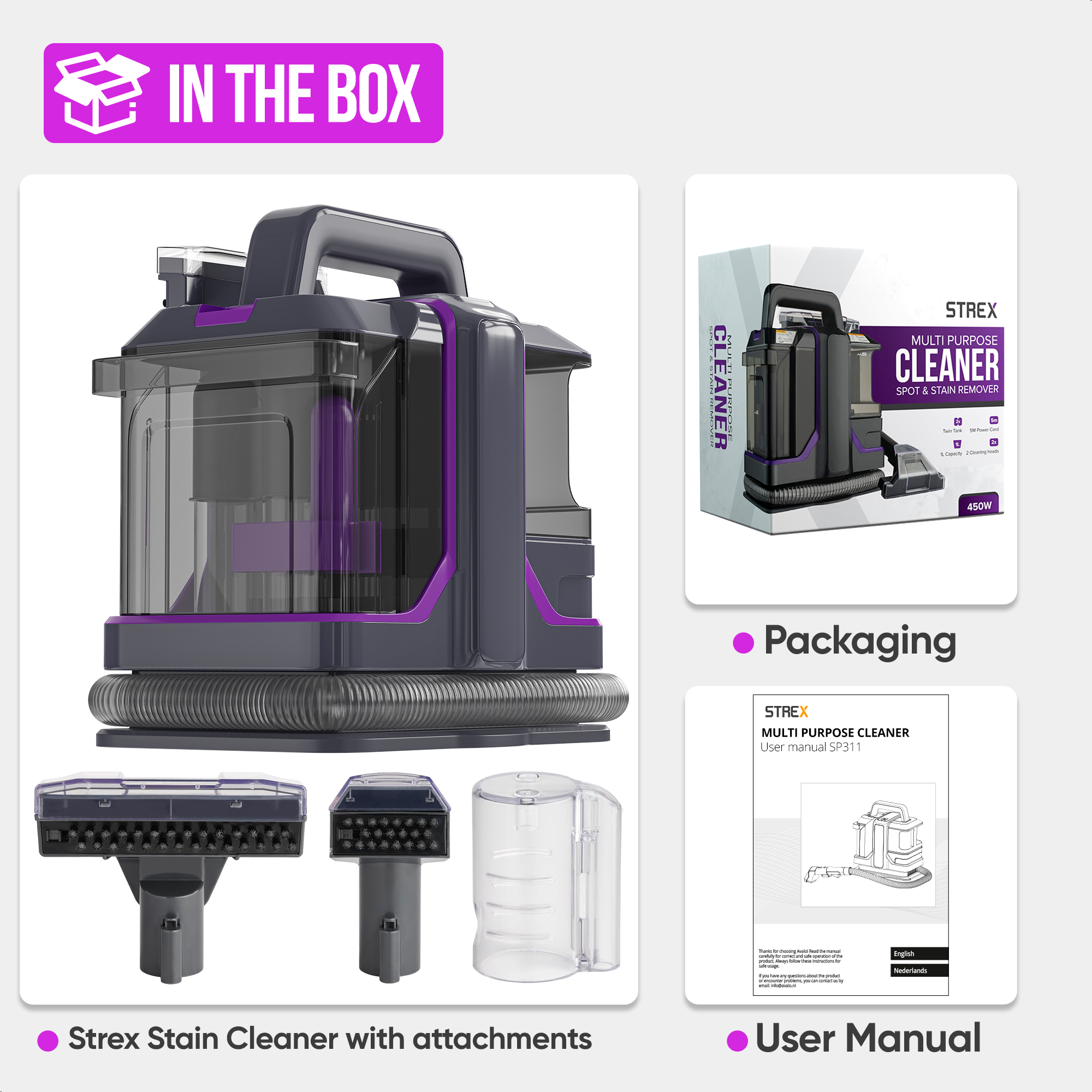 Image shows a stain cleaner set with attachments and packaging. Includes user manual. Text labels: In the Box, Packaging, User Manual.