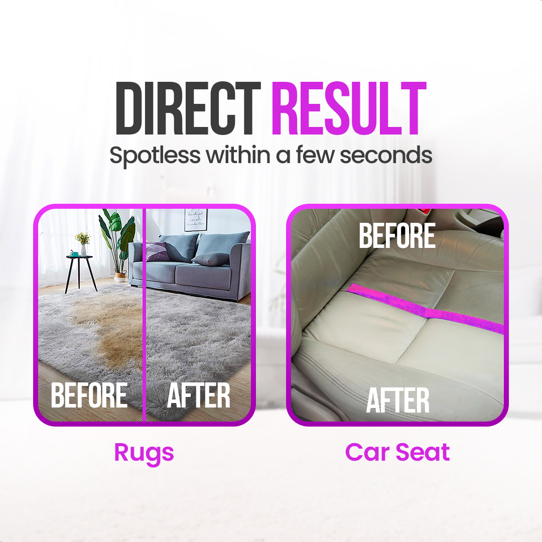 Image shows before-and-after cleaning results. One shows rugs, the other a car seat. Both show dramatic cleaning improvements.