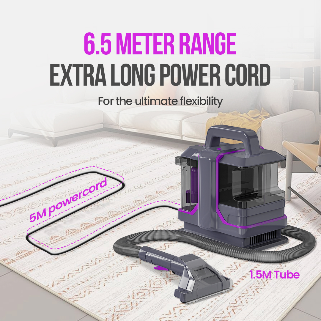 A gray and purple vacuum cleaner with a long cord and tube is on a patterned rug. Text reads 6.5 meter range and extra long power cord.