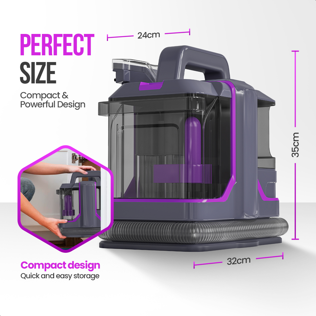 A compact, gray and purple carpet cleaner. Dimensions are labeled. It is described as perfect size with compact design for easy storage.