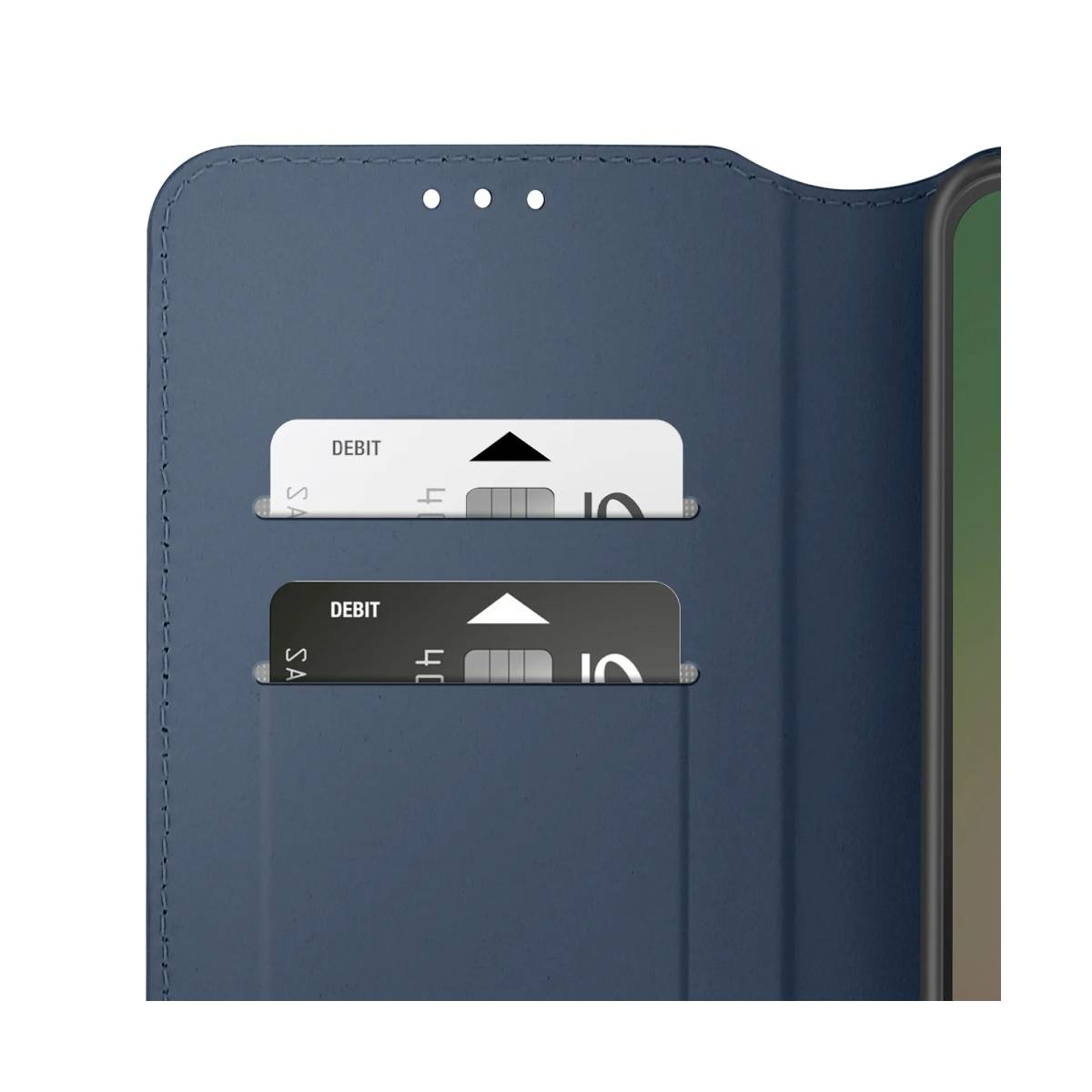 Una custodia blu per telefono con due fessure per carte. Ogni fessura contiene una carta di debito. Lo schermo è parzialmente visibile.