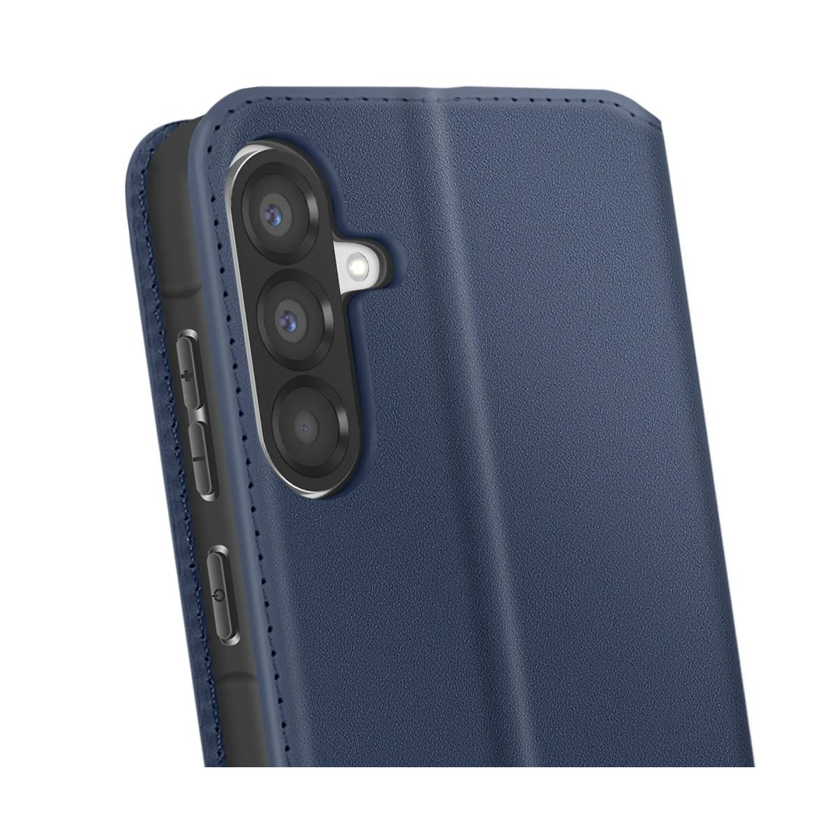 Primo piano di una custodia blu per telefono con modulo fotocamera e pulsanti. La custodia è realizzata in materiale strutturato.