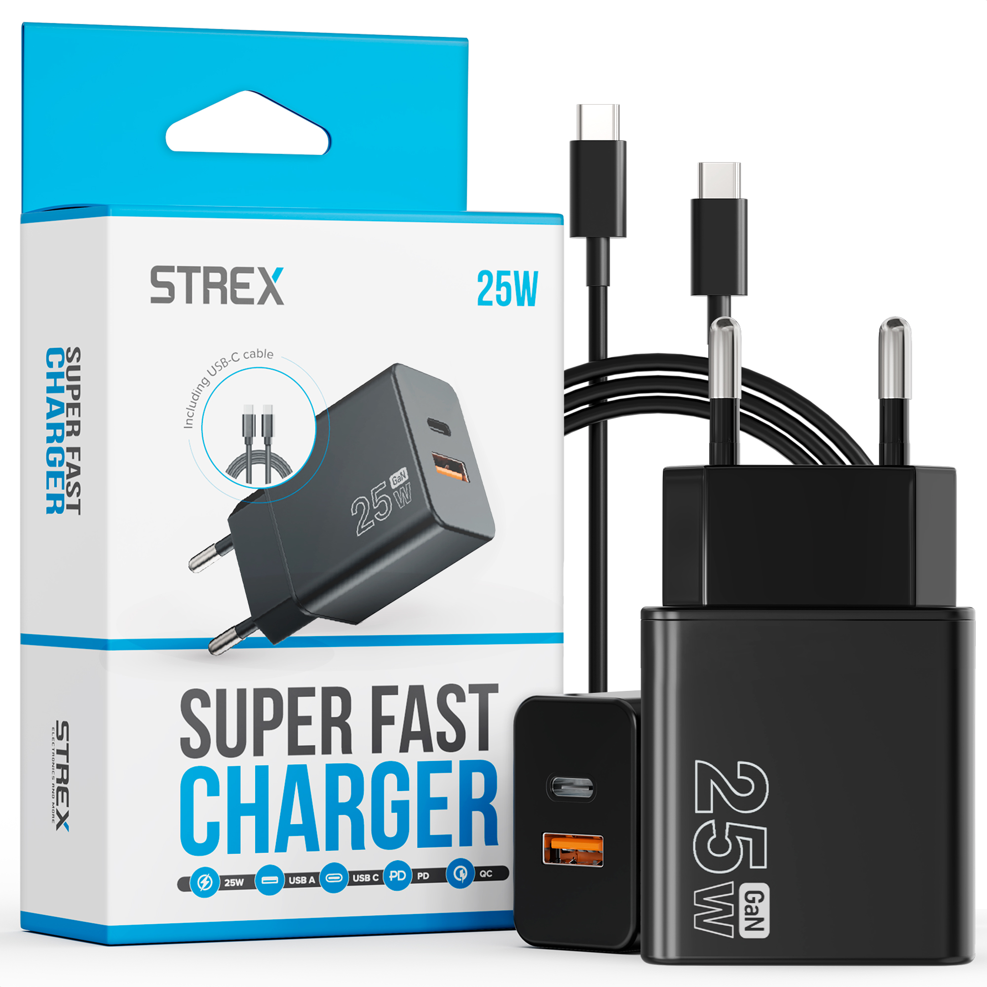 Un chargeur GaN noir de 25W avec un câble USB-C, présenté avec sa boîte de marque bleue et blanche. Le texte sur la boîte indique 'Super Fast Charger'.