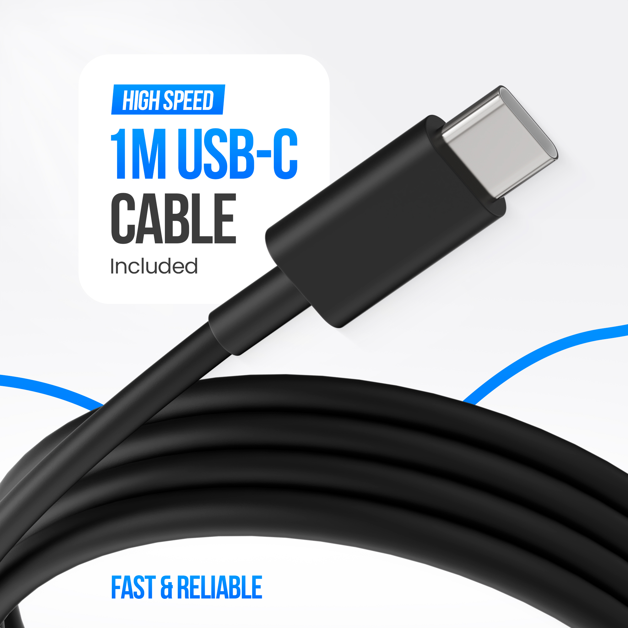 Câble USB-C noir à embout argenté. Texte : High Speed, 1M USB-C Cable, Included, Fast & Reliable. Fond blanc et bleu.