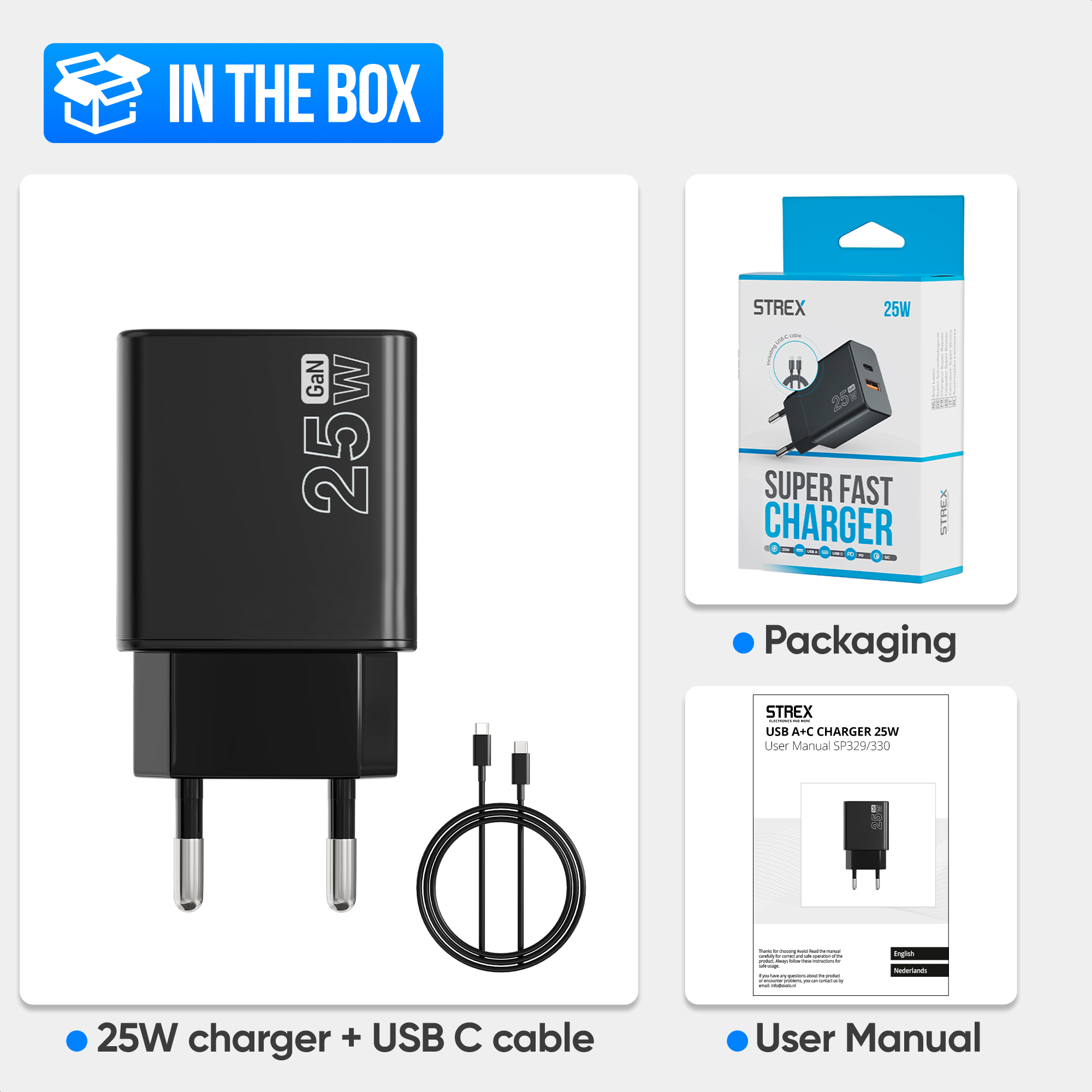 Chargeur noir 25W et câble USB-C. Emballage avec image et texte du chargeur. Manuel utilisateur avec image du chargeur.
