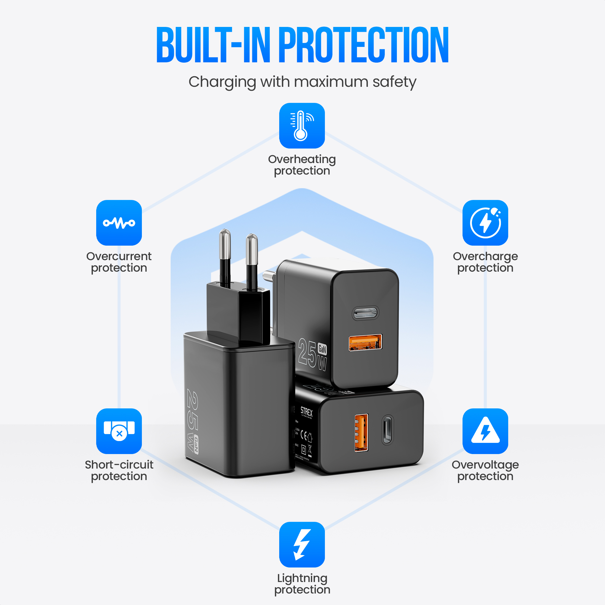 L'image montre des chargeurs noirs avec des icônes de sécurité : surintensité, court-circuit, surchauffe, surcharge, surtension et protection contre la foudre.