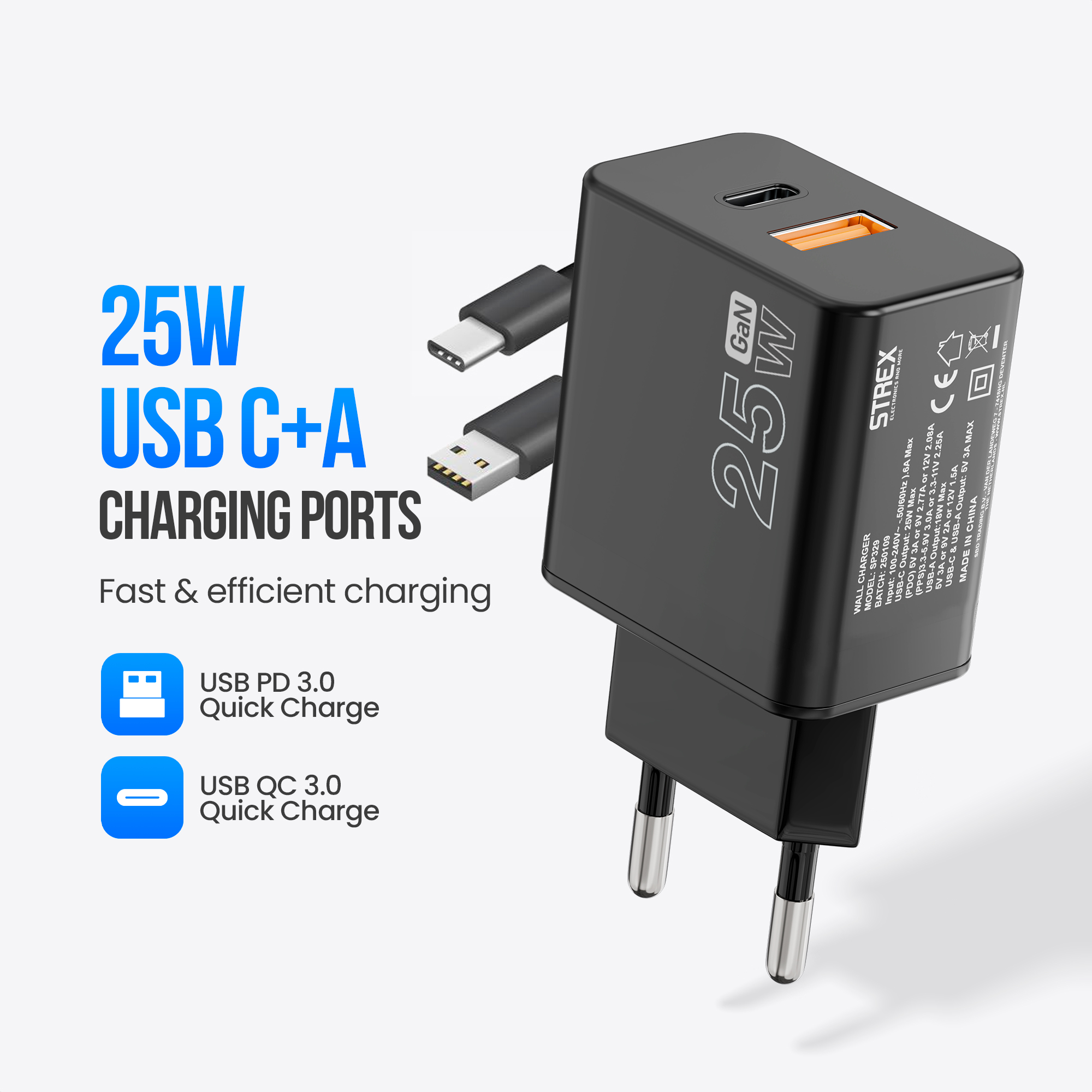 Un chargeur USB noir de 25W avec ports USB-C et USB-A. Il comporte une étiquette GaN et des informations de charge. Fond blanc.