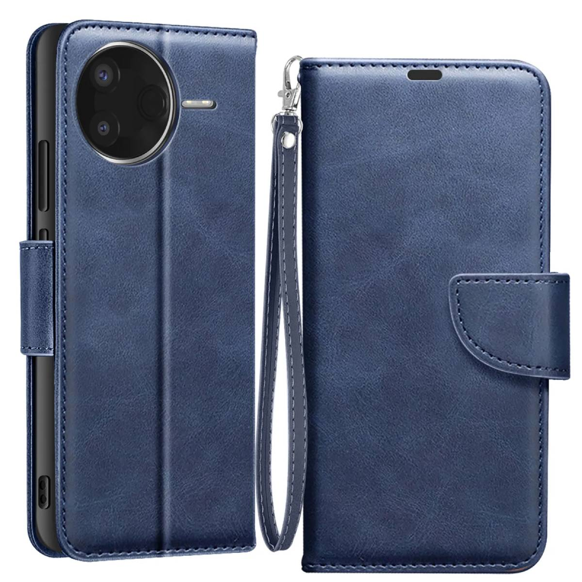 Custodia per telefono in pelle blu, aperta. Il lato sinistro mostra il telefono con la fotocamera. Il lato destro è chiuso con un cinturino.