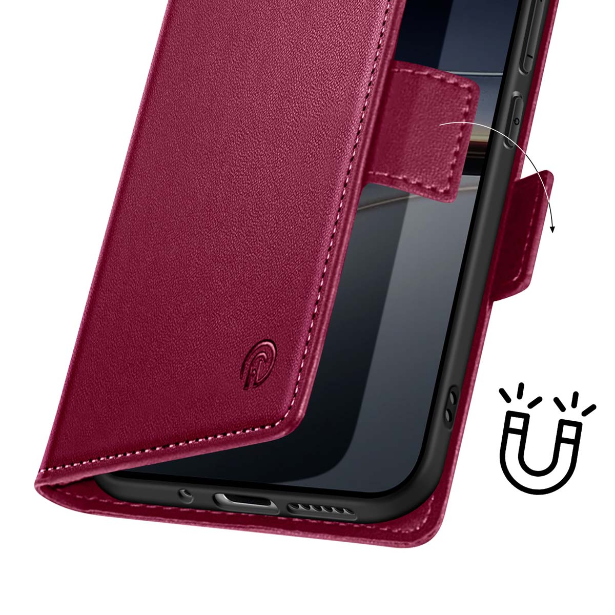 Eine weinrote Leder-Handyhülle ist geöffnet und zeigt ein schwarzes Telefon. Ein Magnetsymbol befindet sich neben der Handyhülle.