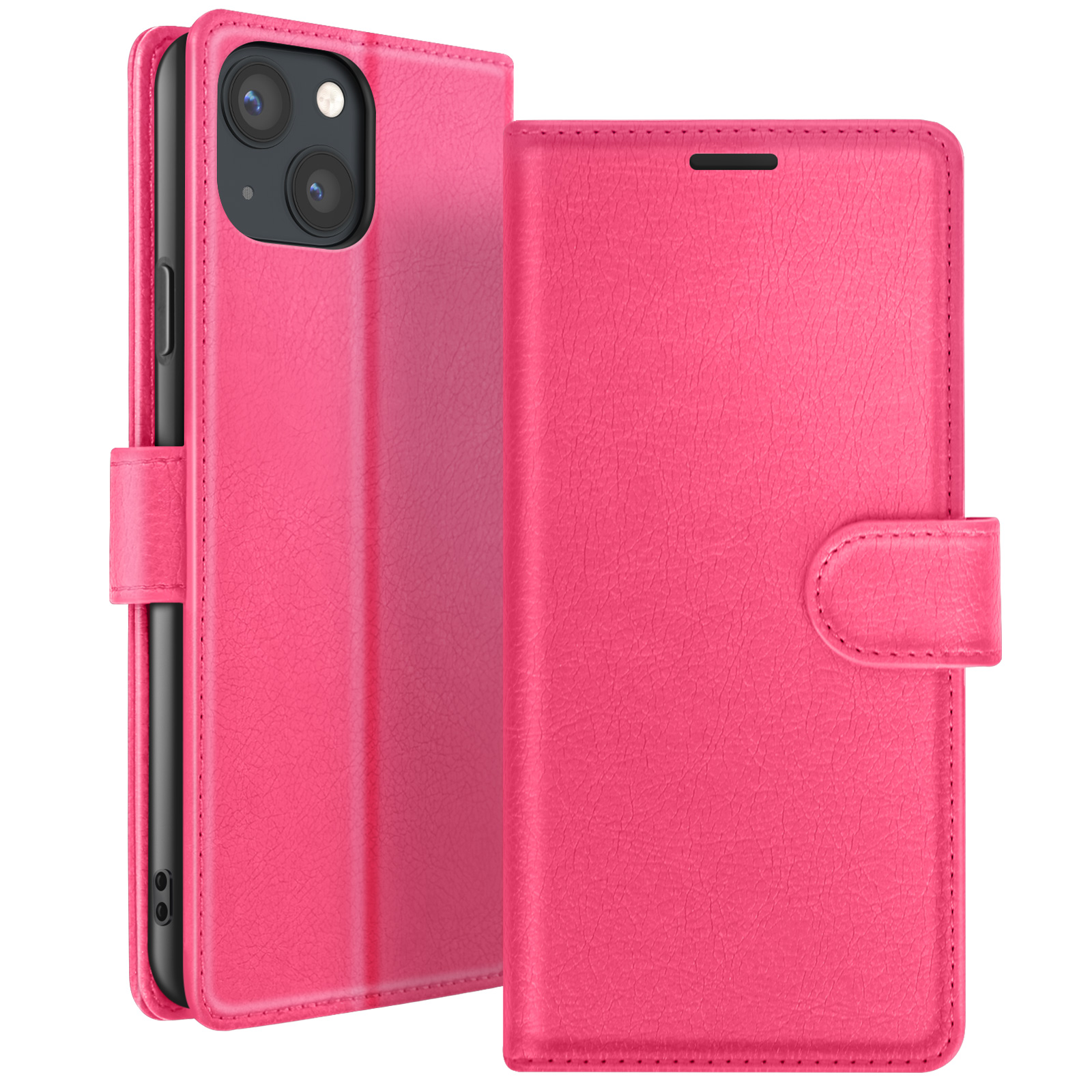 Een roze telefoonhoesje is open, met een telefoon zichtbaar. De hoes heeft een getextureerde, lederachtige afwerking.