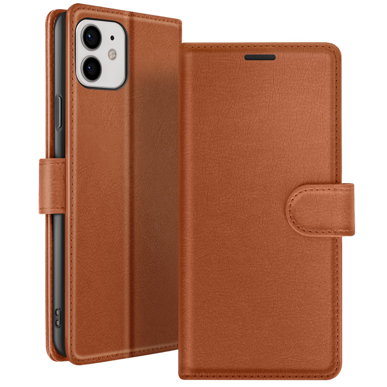 Een bruine leren telefoonhoes is open en onthult een zwarte telefoon. De hoes heeft een magnetische sluiting en staat op een witte achtergrond.