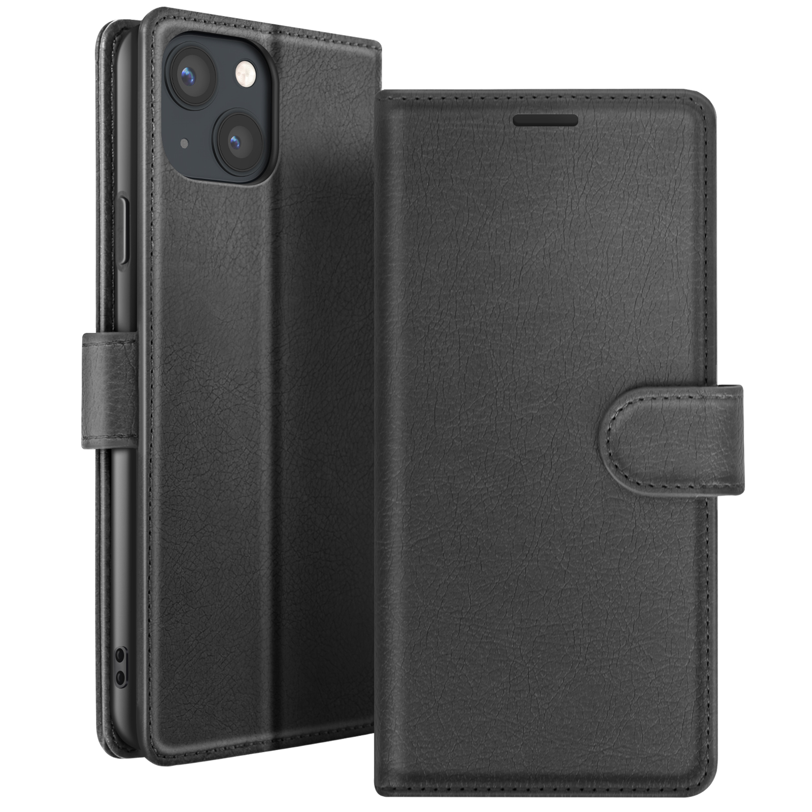 Een zwarte leren telefoonhoes, open om de telefoon te onthullen. De hoes heeft een gestructureerd oppervlak en een magnetische sluiting.