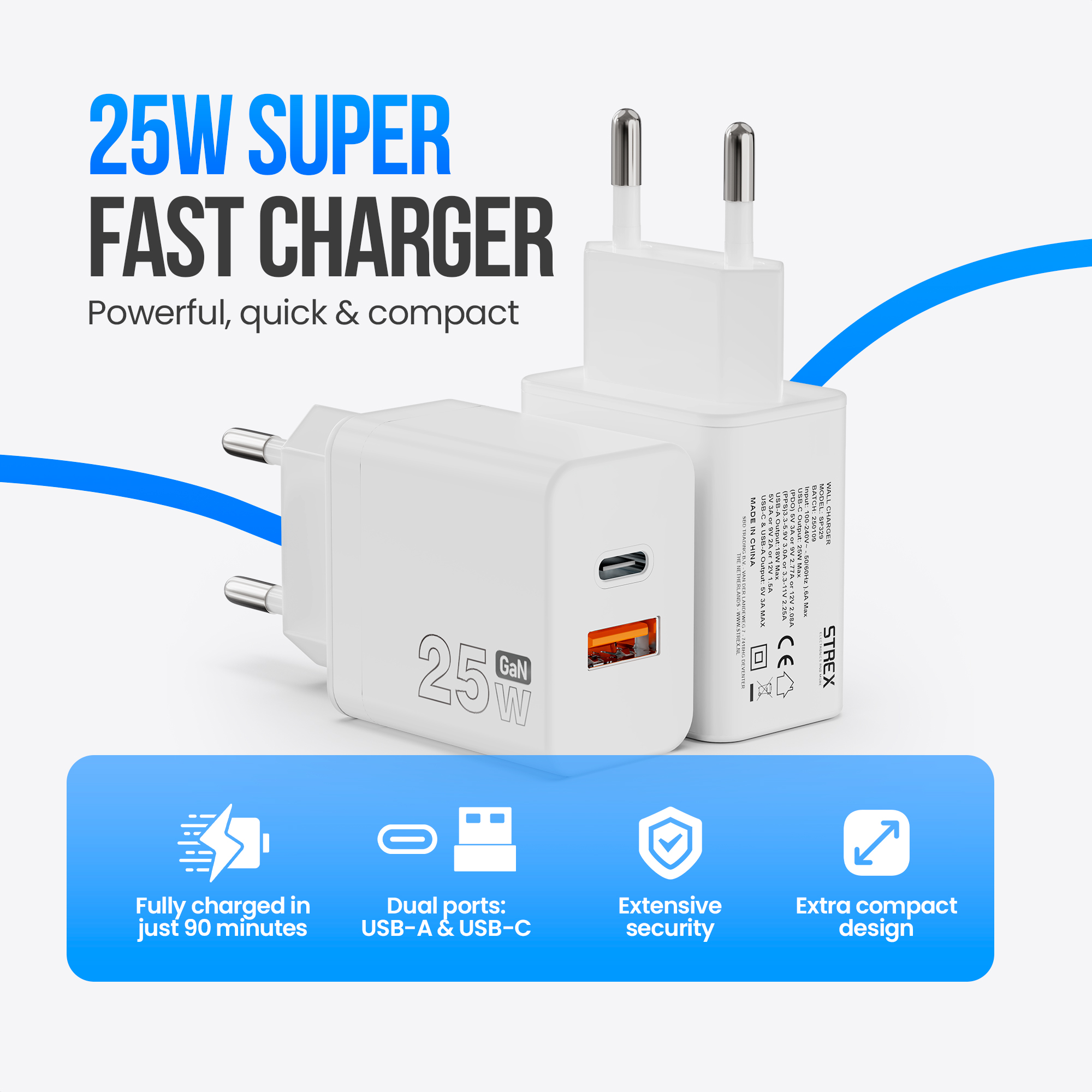 Chargeur rapide blanc de 25W avec deux ports. Texte: Super Fast Charger, ports doubles et design compact. Éléments graphiques bleus.