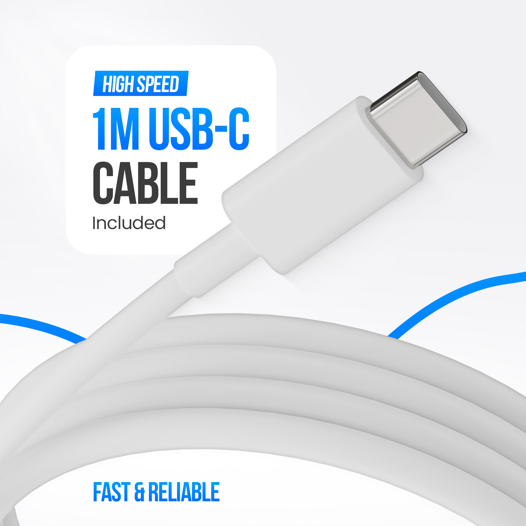 Un câble USB-C blanc avec un connecteur argenté. Texte : 'High Speed 1M USB-C Cable. Fast & Reliable' sur fond blanc et bleu.