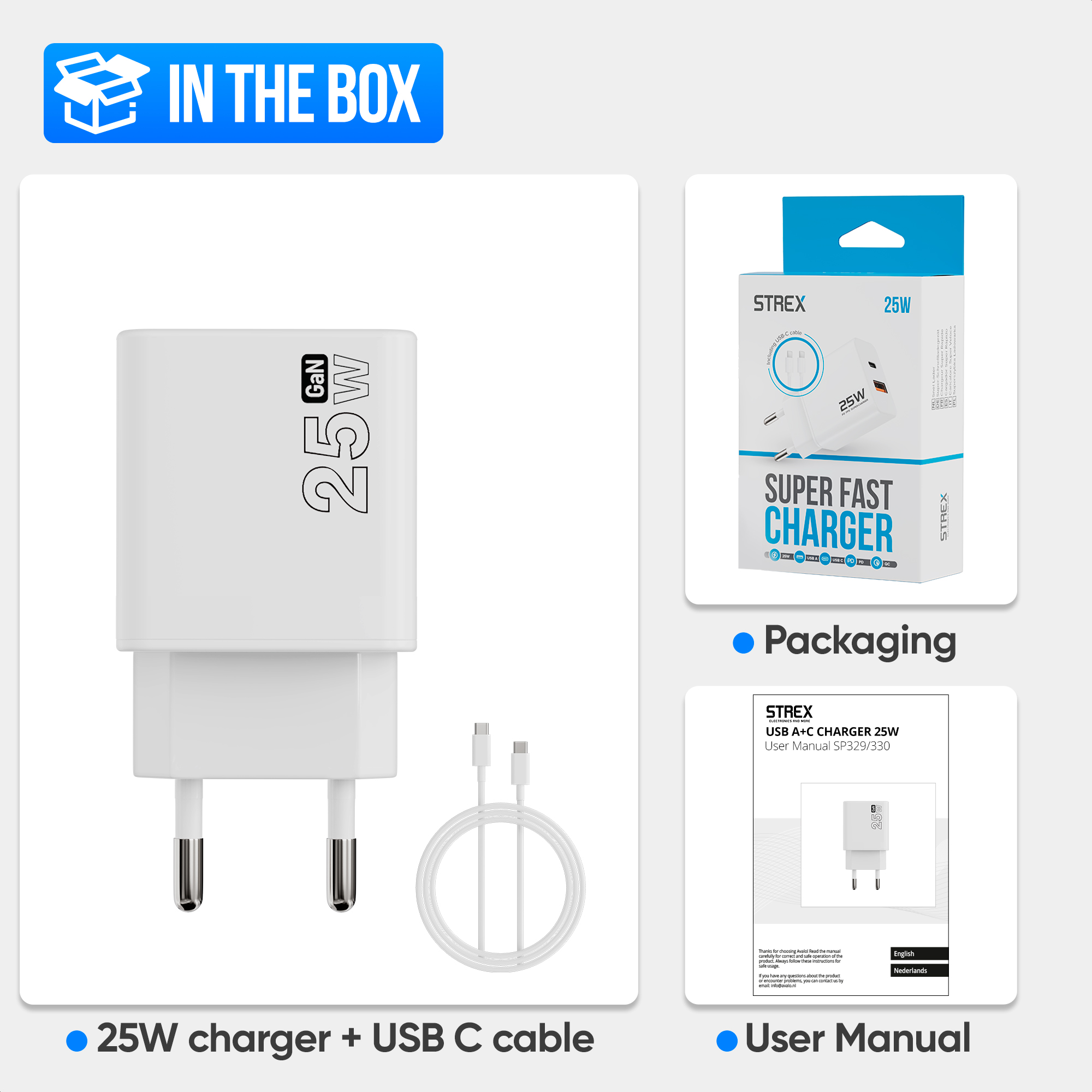 L'image montre un chargeur blanc 25W, un câble USB-C, un emballage et un manuel d'utilisation. Le chargeur est 'GaN 25W'.
