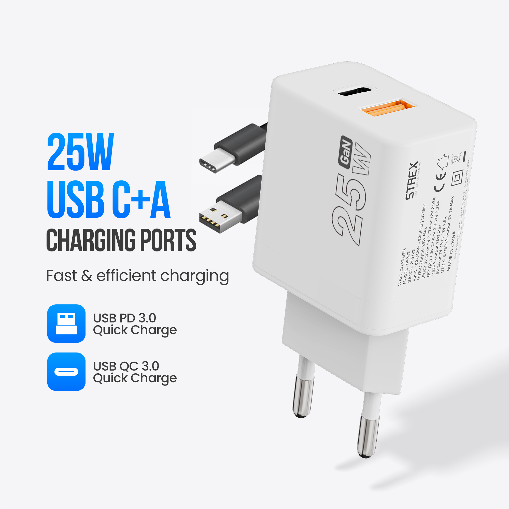Un chargeur USB C+A blanc de 25W avec deux câbles noirs. Texte à gauche : 25W USB C+A Ports de charge, USB PD 3.0, USB QC 3.0.