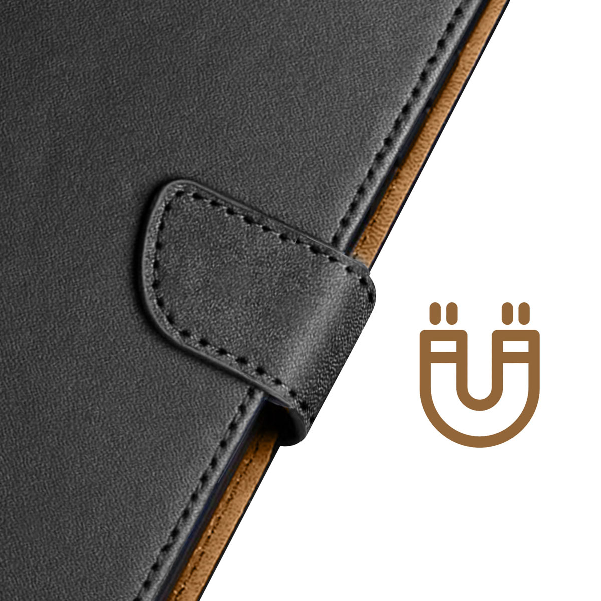 Close-up van een zwarte leren hoes met magnetische sluiting. Een bruin magneet-icoon op de achtergrond.