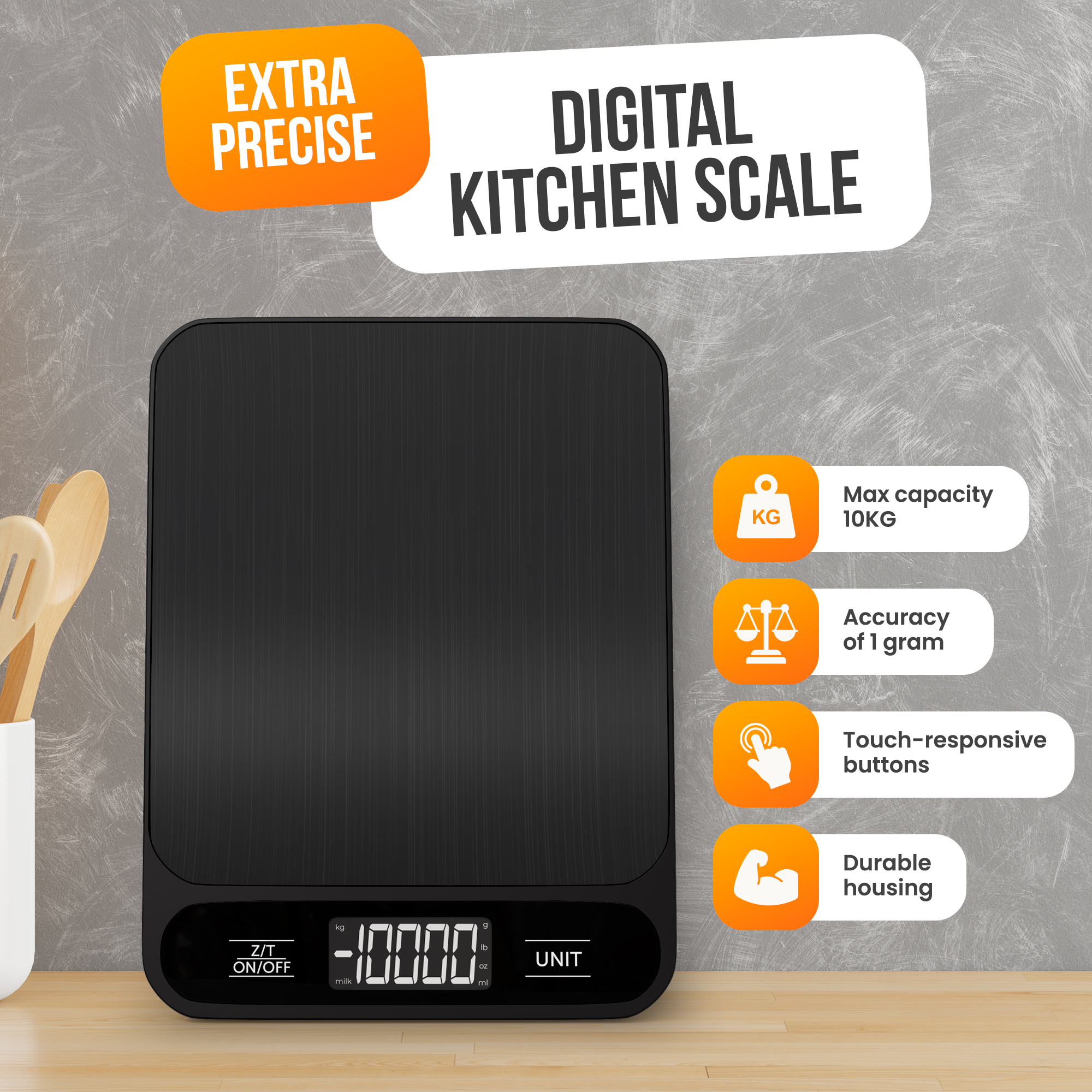 A digital kitchen scale with a black surface. It has features like max capacity of 10KG and touch-responsive buttons.