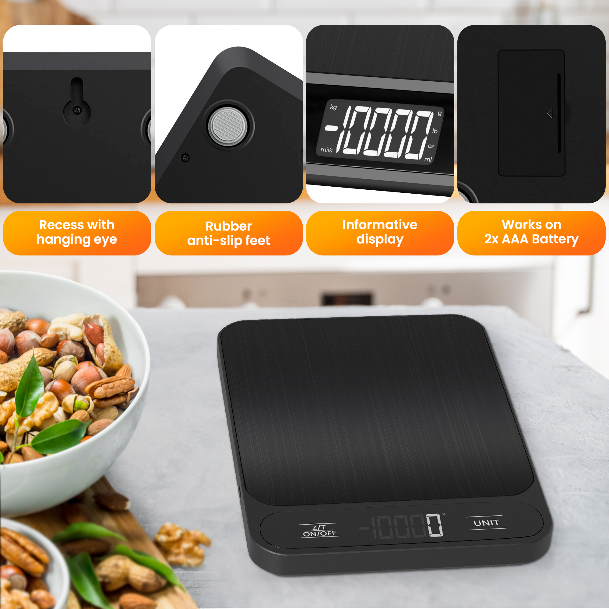 A black digital kitchen scale with a bowl of nuts and seeds. Close-ups show features like an informative display.