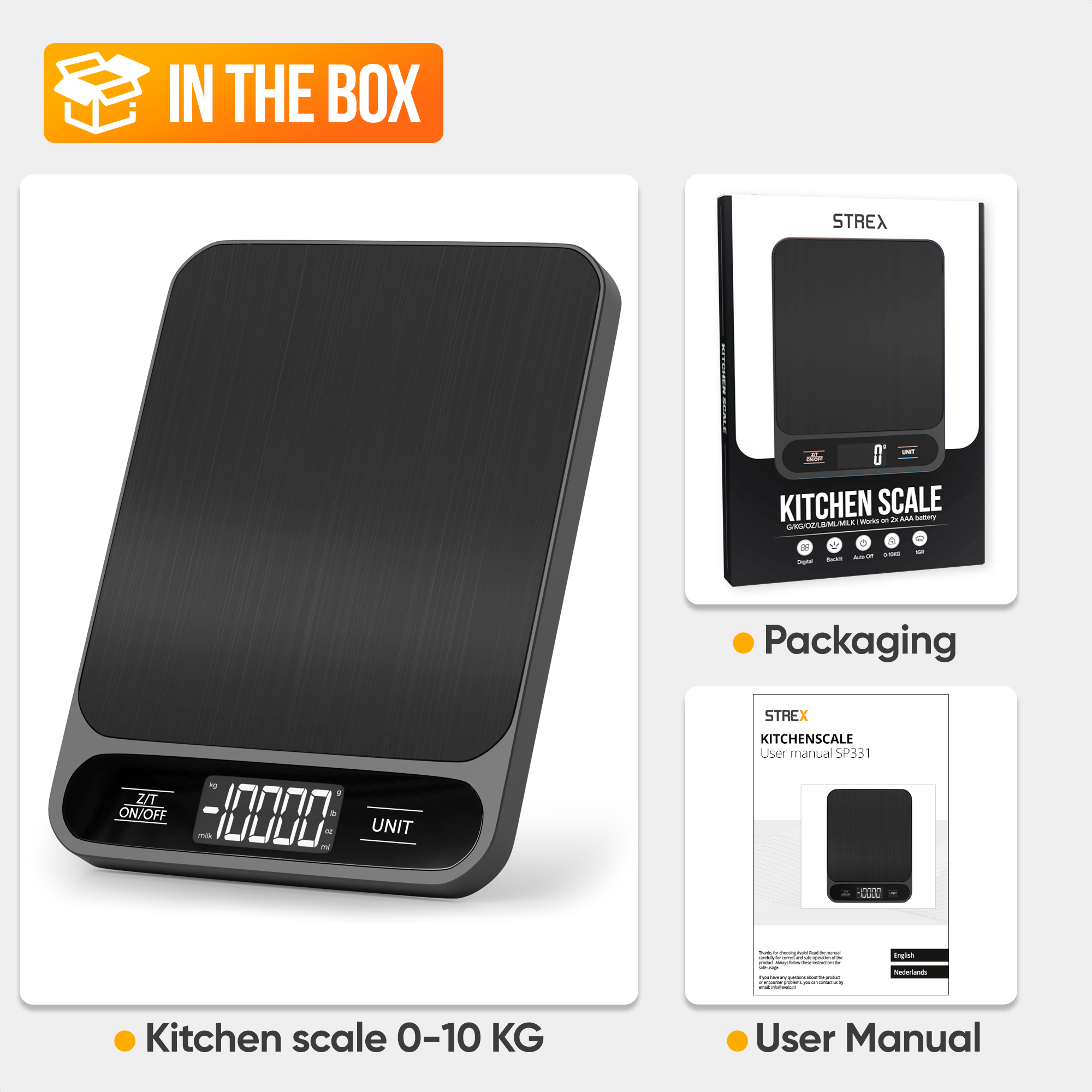 Kitchen scale with display, box, and user manual. It measures up to 10 kg. Packaging and user manual are also shown.