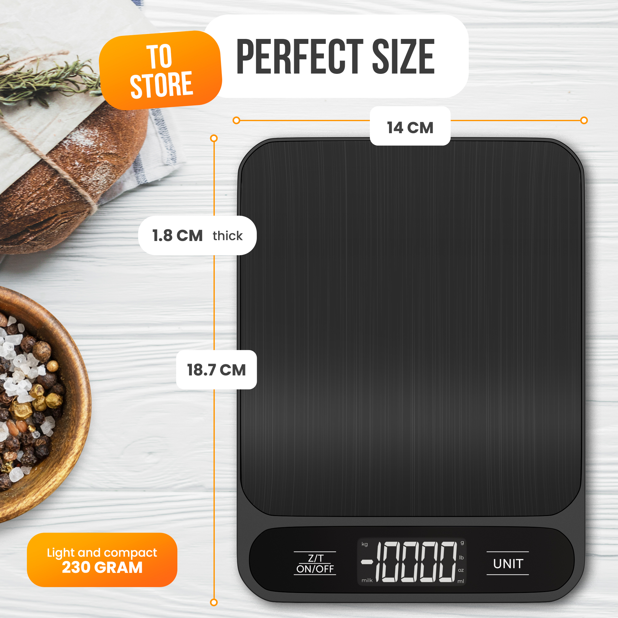 A black kitchen scale shows measurements. Bread, spices, and instructions are visible.