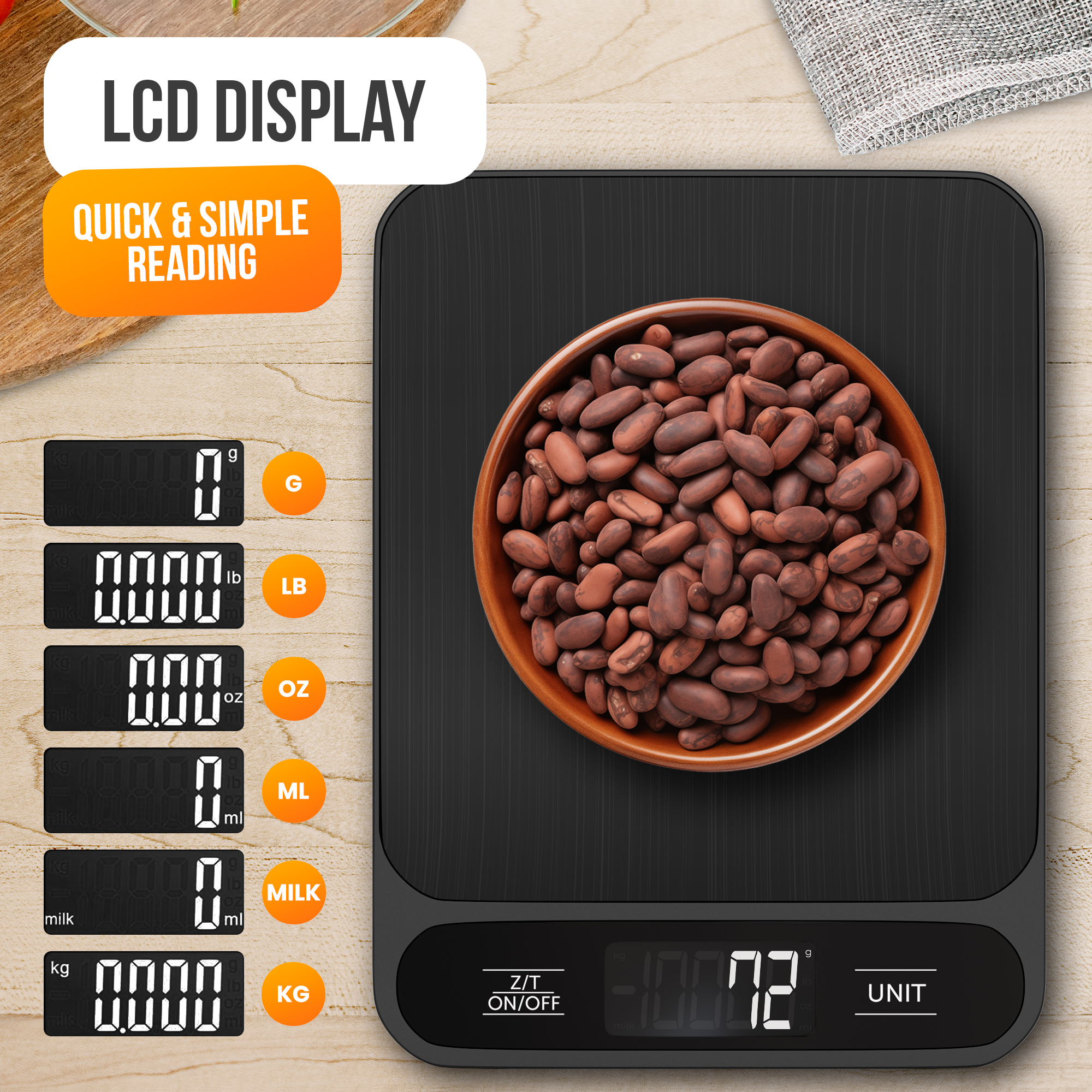 Black digital kitchen scale with a bowl of brown beans. Displays weight in various units. Wooden background.