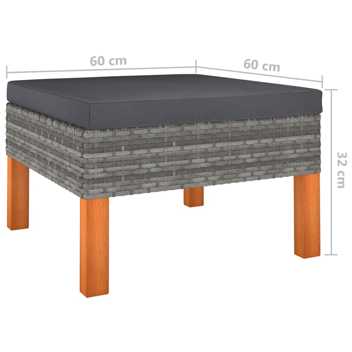 Ein quadratischer Hocker mit grauen, gewebten Seiten und einem dunkelgrauen Kissen. Er hat vier Holzbeine. Die Abmessungen sind 60x60x32 cm.