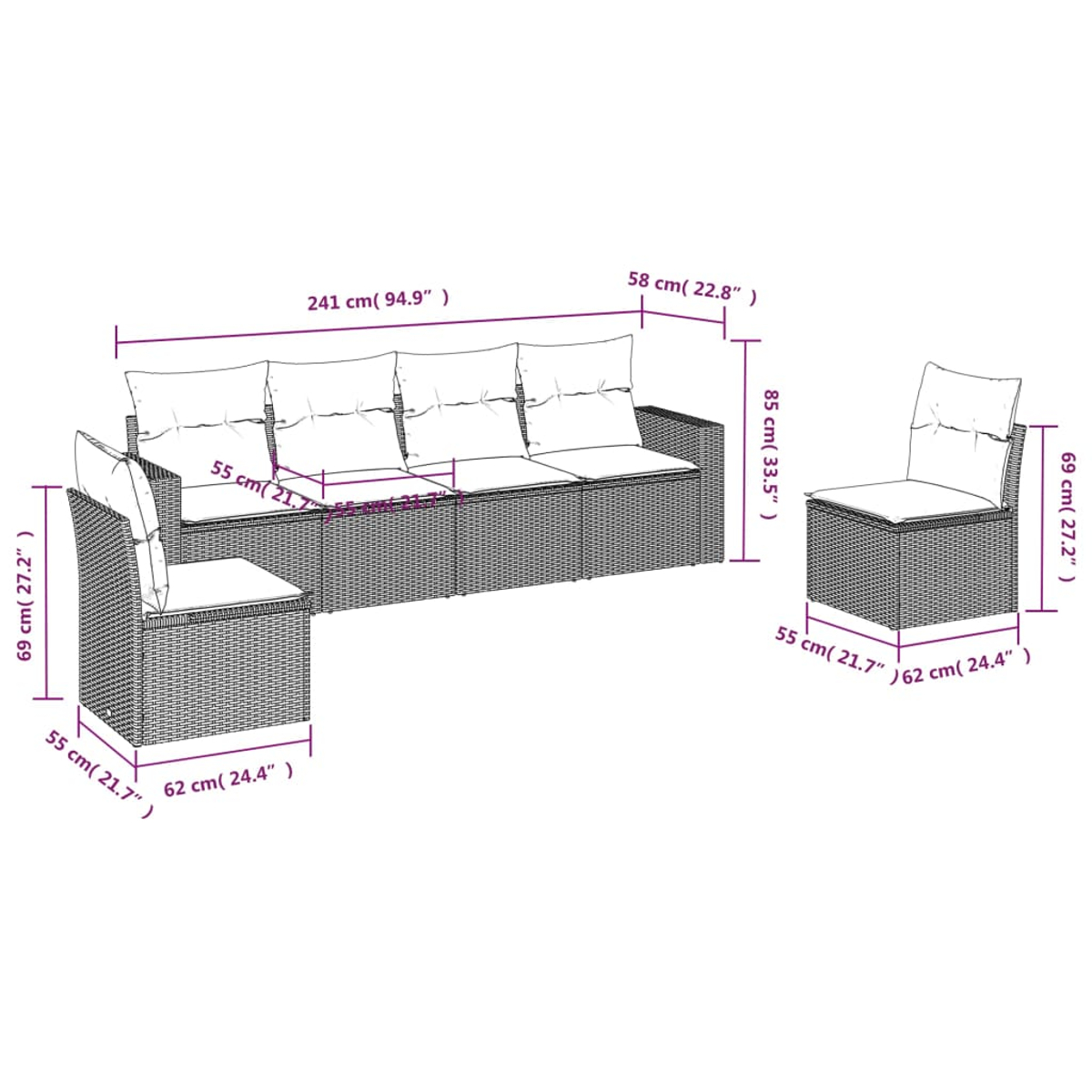 Gartenmöbelset mit Abmessungen. Enthält ein großes Sofa, zwei Stühle und Maße in cm und Zoll.