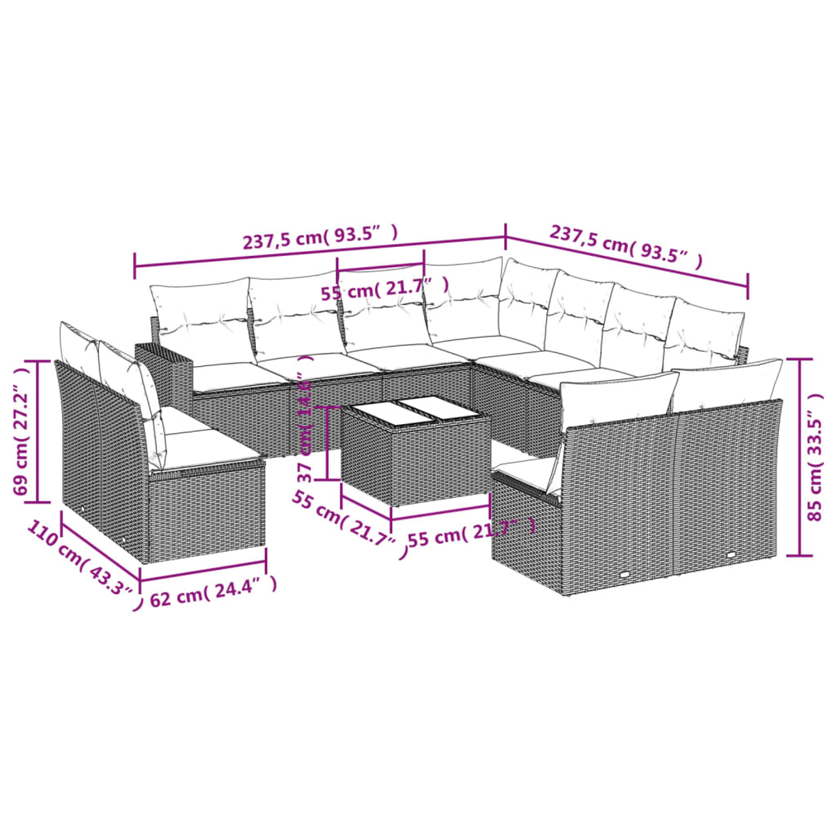 Set divano componibile da esterno in vimini con dimensioni in cm e pollici. Include cuscini e un tavolino.