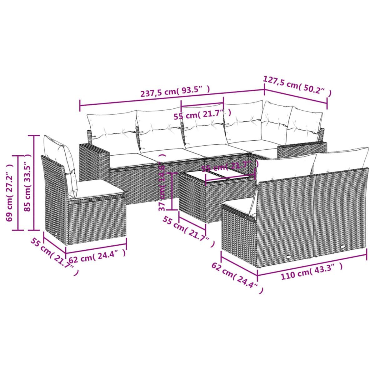 Un set di mobili da giardino con dimensioni in cm. Include un divano grande, due poltrone e due tavolini.