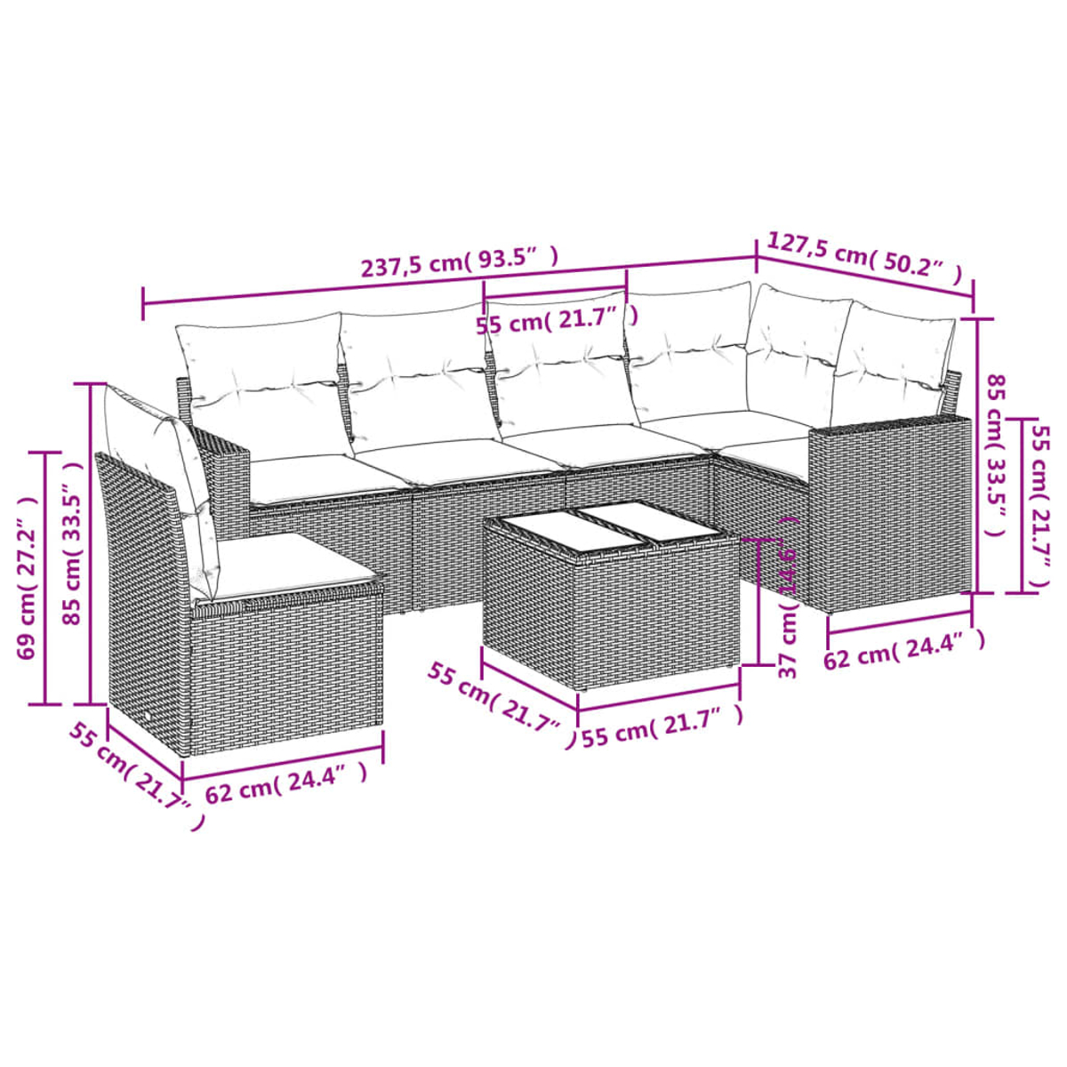 Set di mobili da esterno in vimini con cuscini e tavolino. Le dimensioni sono indicate. Cuscini beige, telai in vimini scuro.