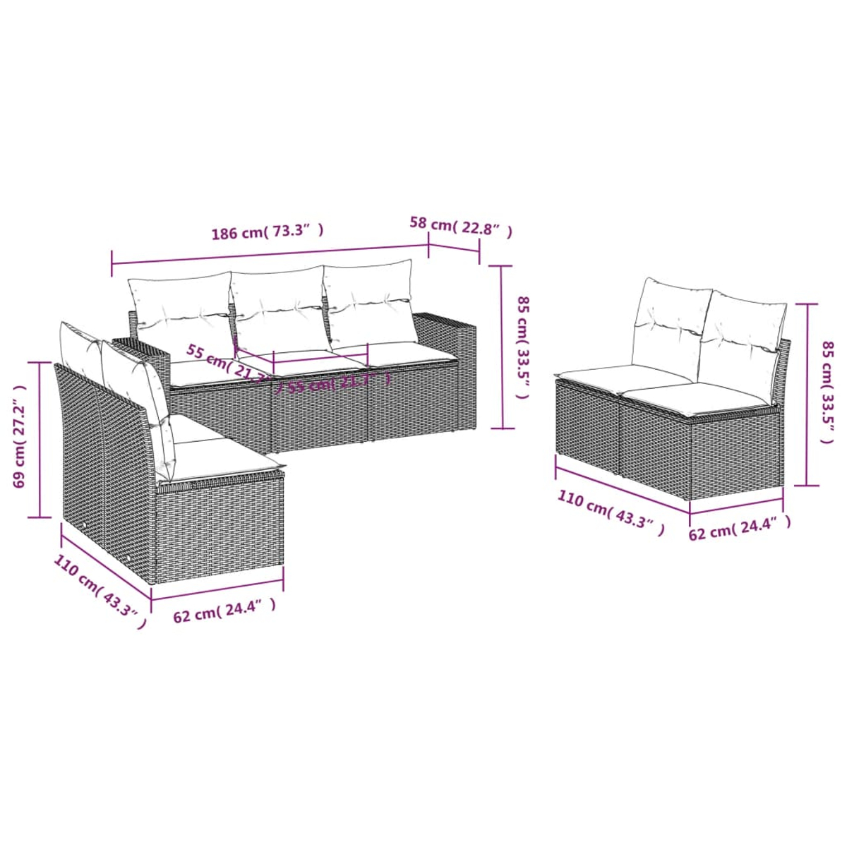 Set di mobili da esterno in vimini con dimensioni. Include divano e divanetto con cuscini, su sfondo bianco.