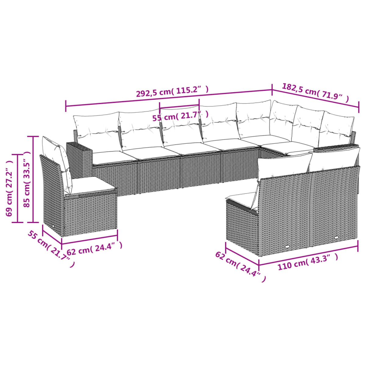 Outdoor-Wicker-Sofagarnitur mit Maßangaben. Enthält Ecksofa und Stühle mit Kissen. Maße in cm und Zoll.