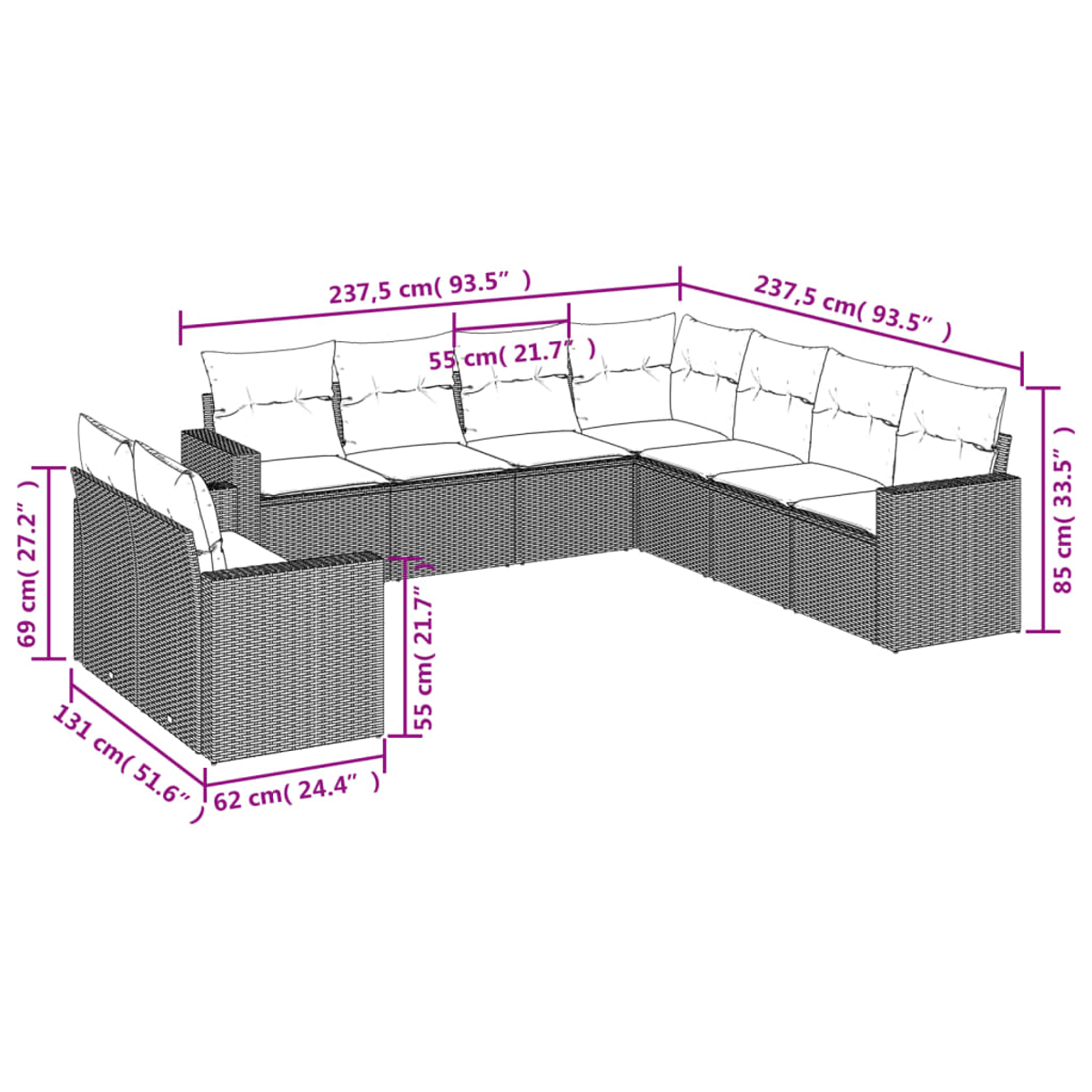 Ein großes, L-förmiges Outdoor-Ecksofa mit beschrifteten Abmessungen. Es hat einen grauen, gewebten Rahmen, weiße Kissen und Maße in cm und Zoll.