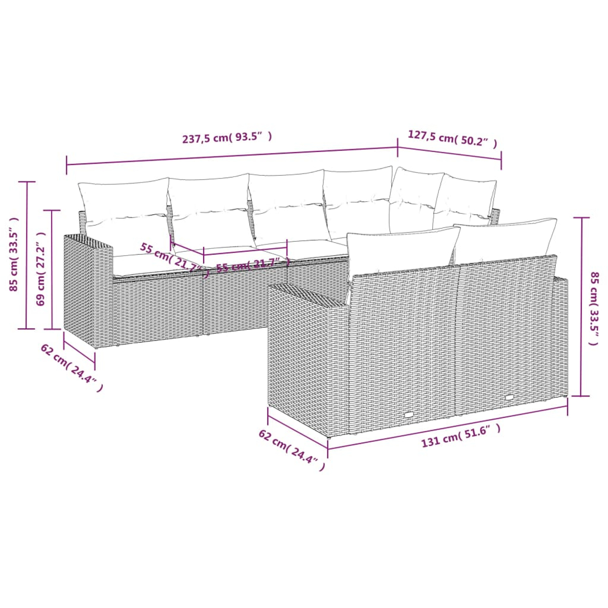 Set divano in vimini da esterno con dimensioni etichettate. Ha cuscini chiari e una trama intrecciata. Le dimensioni sono espresse in cm e pollici.