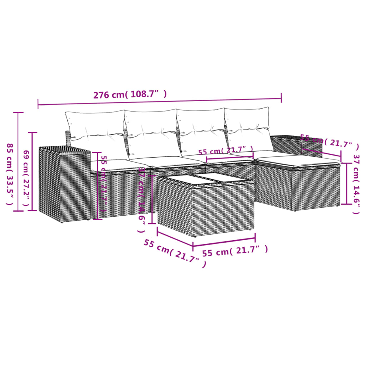 Ein geflochtenes Outdoor-Sofaset mit Kissen, Beistelltisch und Ottomane. Maße sind in Zentimetern und Zoll angegeben.